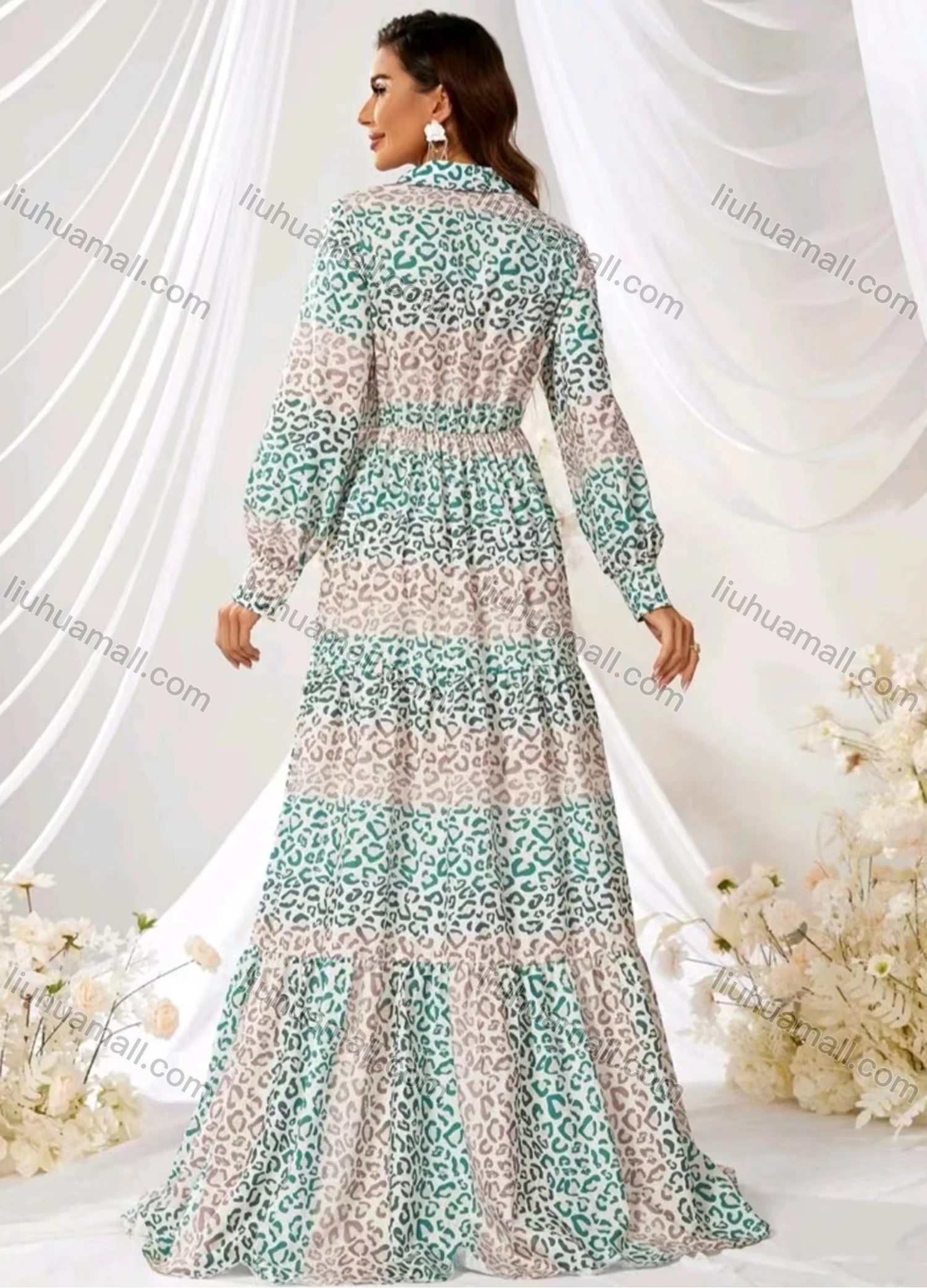 Wholesale Women's Leopard Print Colorblock Long Sleeve Ruched Floor Length Cocktail Dress - Liuhuamall