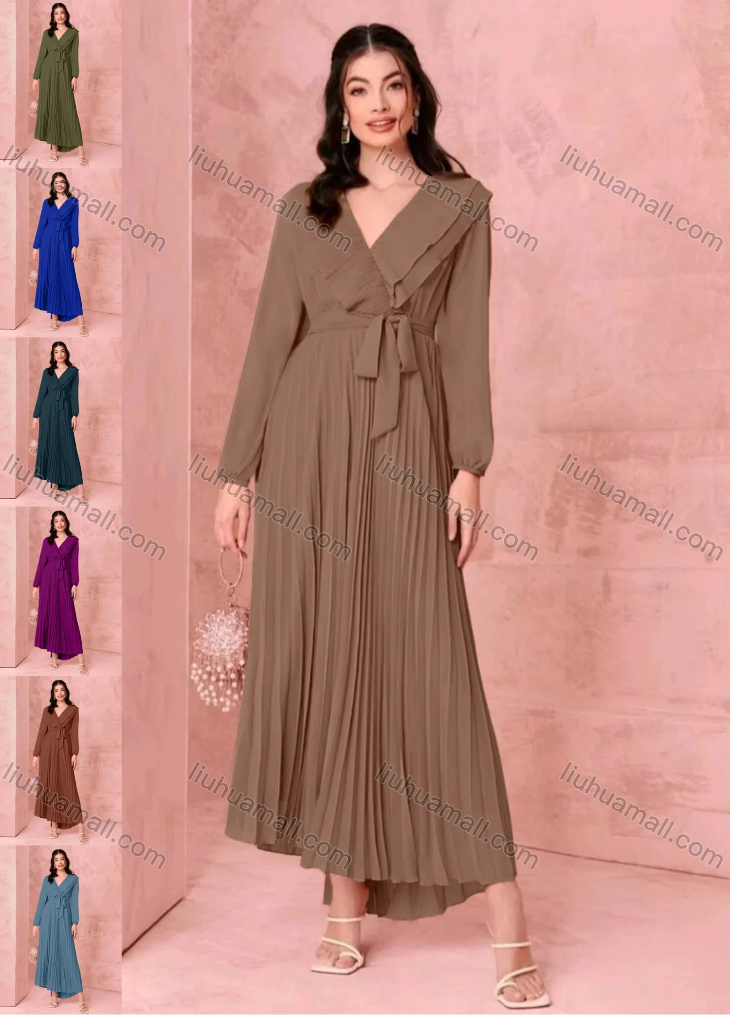 Wholesale Women's Casual Plain Wrap V Neck Long Sleeve Ruffle Trim Pleated Maxi Dress With Belt - Liuhuamall