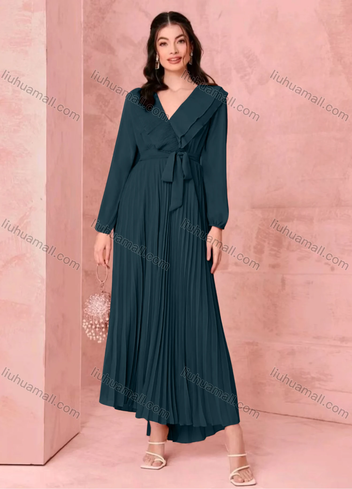 Wholesale Women's Casual Plain Wrap V Neck Long Sleeve Ruffle Trim Pleated Maxi Dress With Belt - Liuhuamall