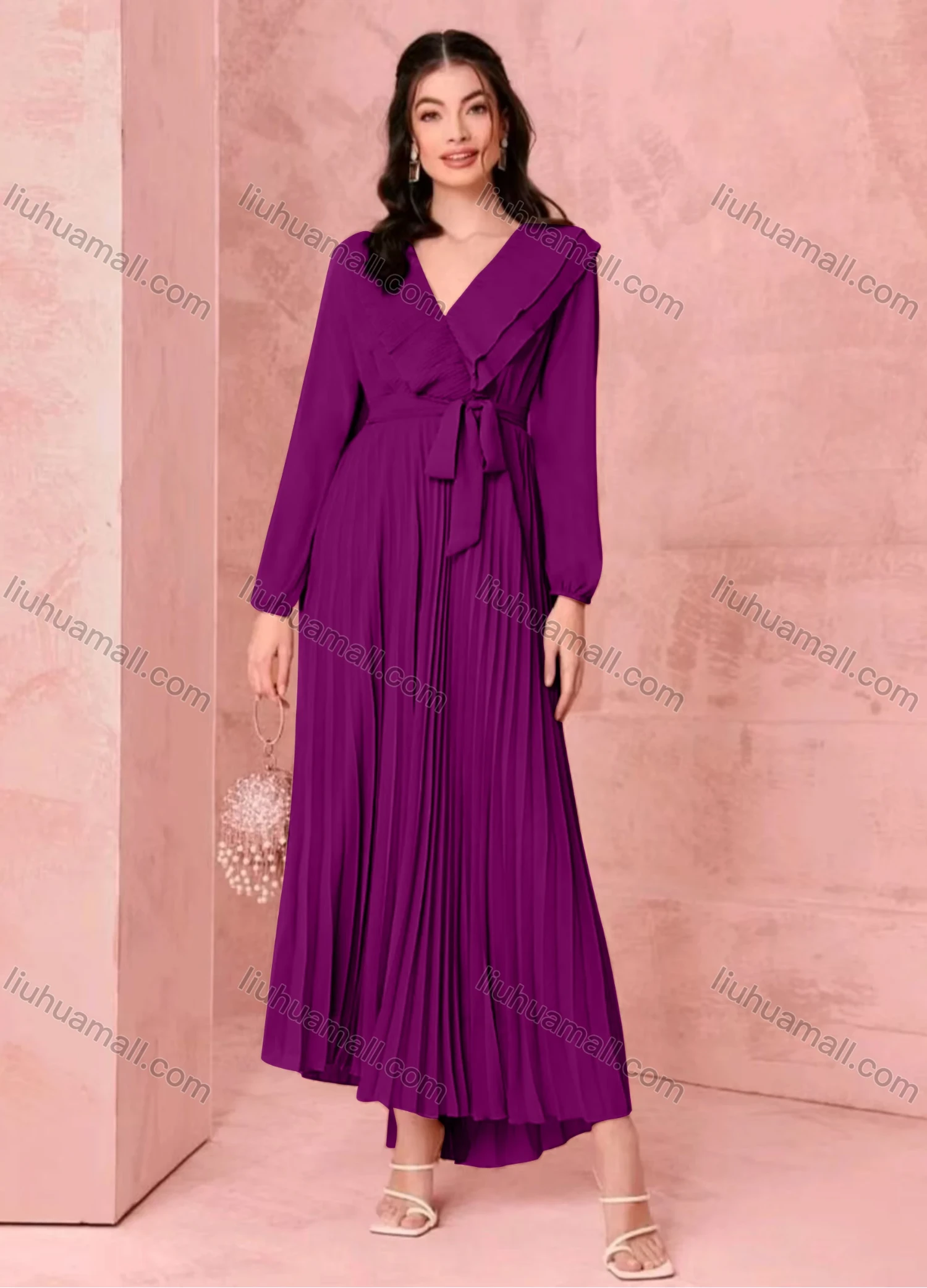Wholesale Women's Casual Plain Wrap V Neck Long Sleeve Ruffle Trim Pleated Maxi Dress With Belt - Liuhuamall