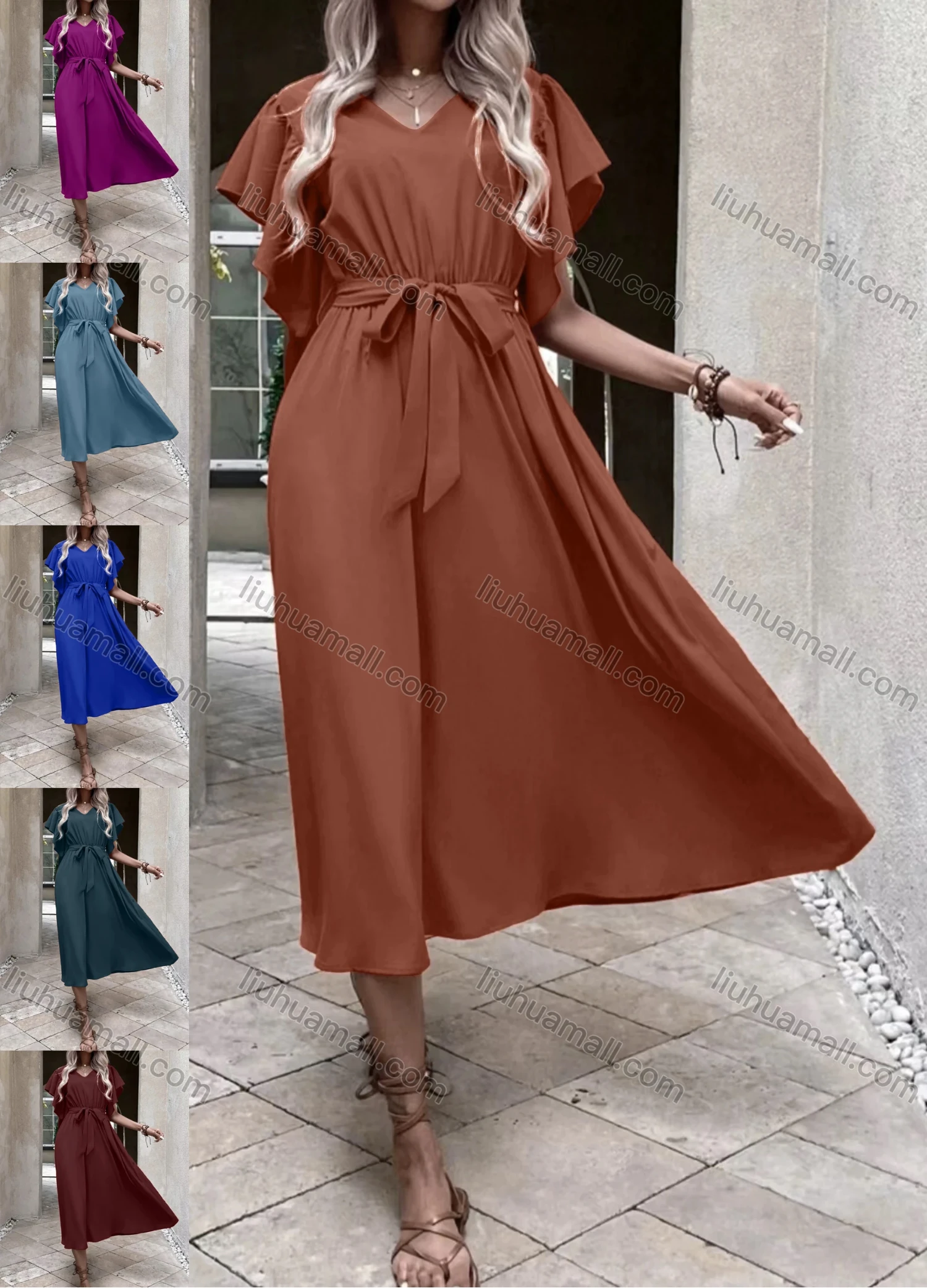 Wholesale Women's Casual Plain V Neck Short Sleeve Midi Dress With Belt - Liuhuamall