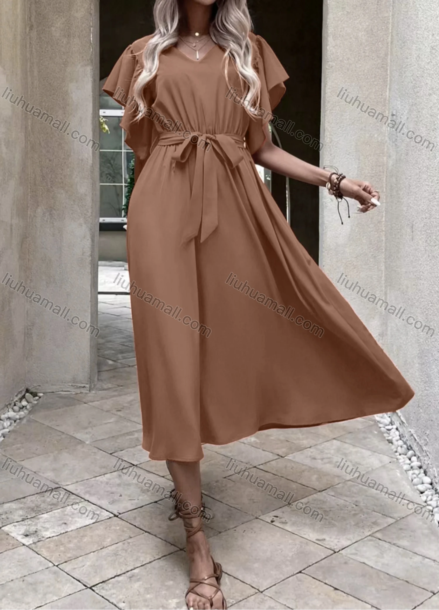 Wholesale Women's Casual Plain V Neck Short Sleeve Midi Dress With Belt - Liuhuamall