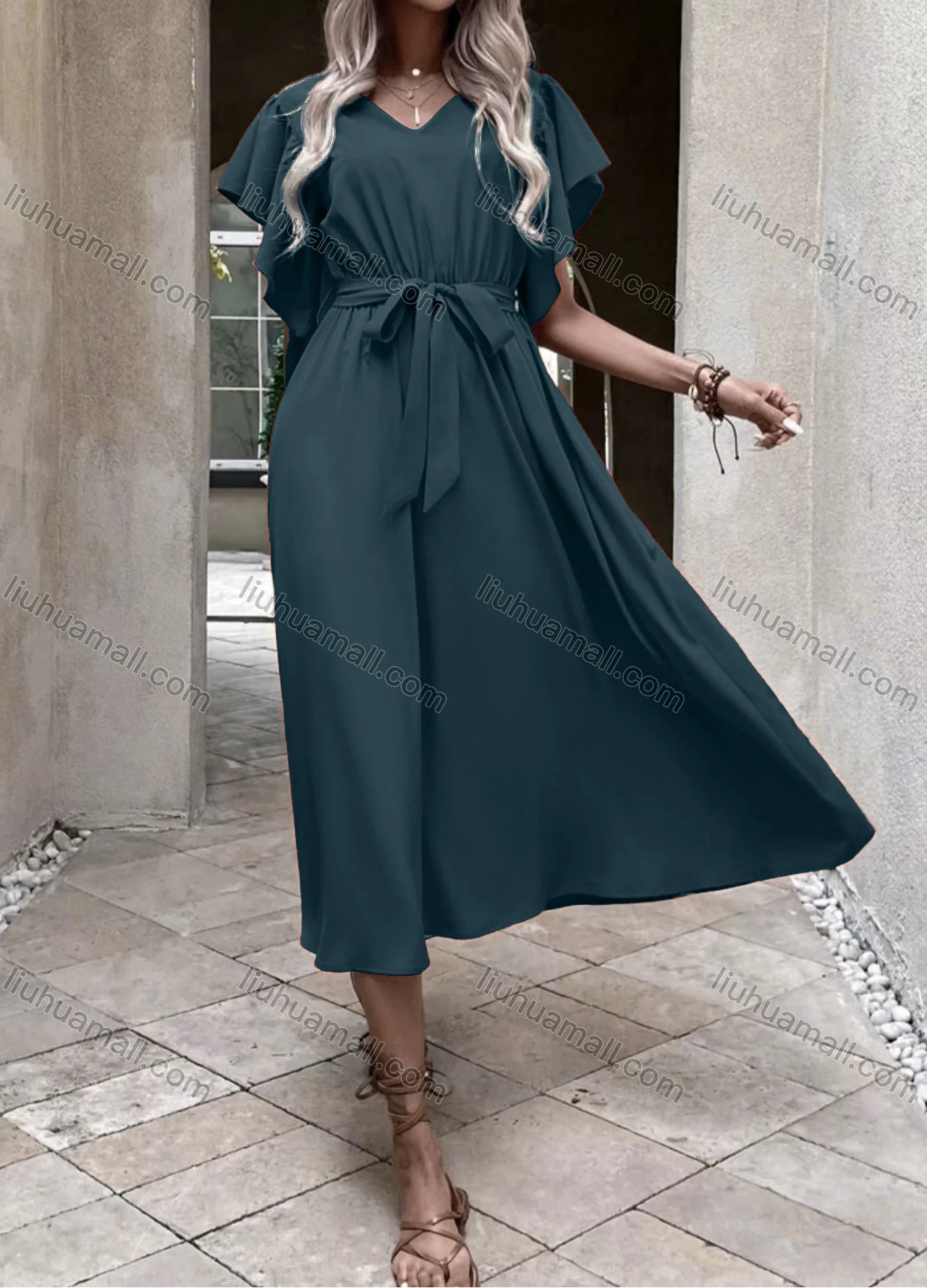 Wholesale Women's Casual Plain V Neck Short Sleeve Midi Dress With Belt - Liuhuamall