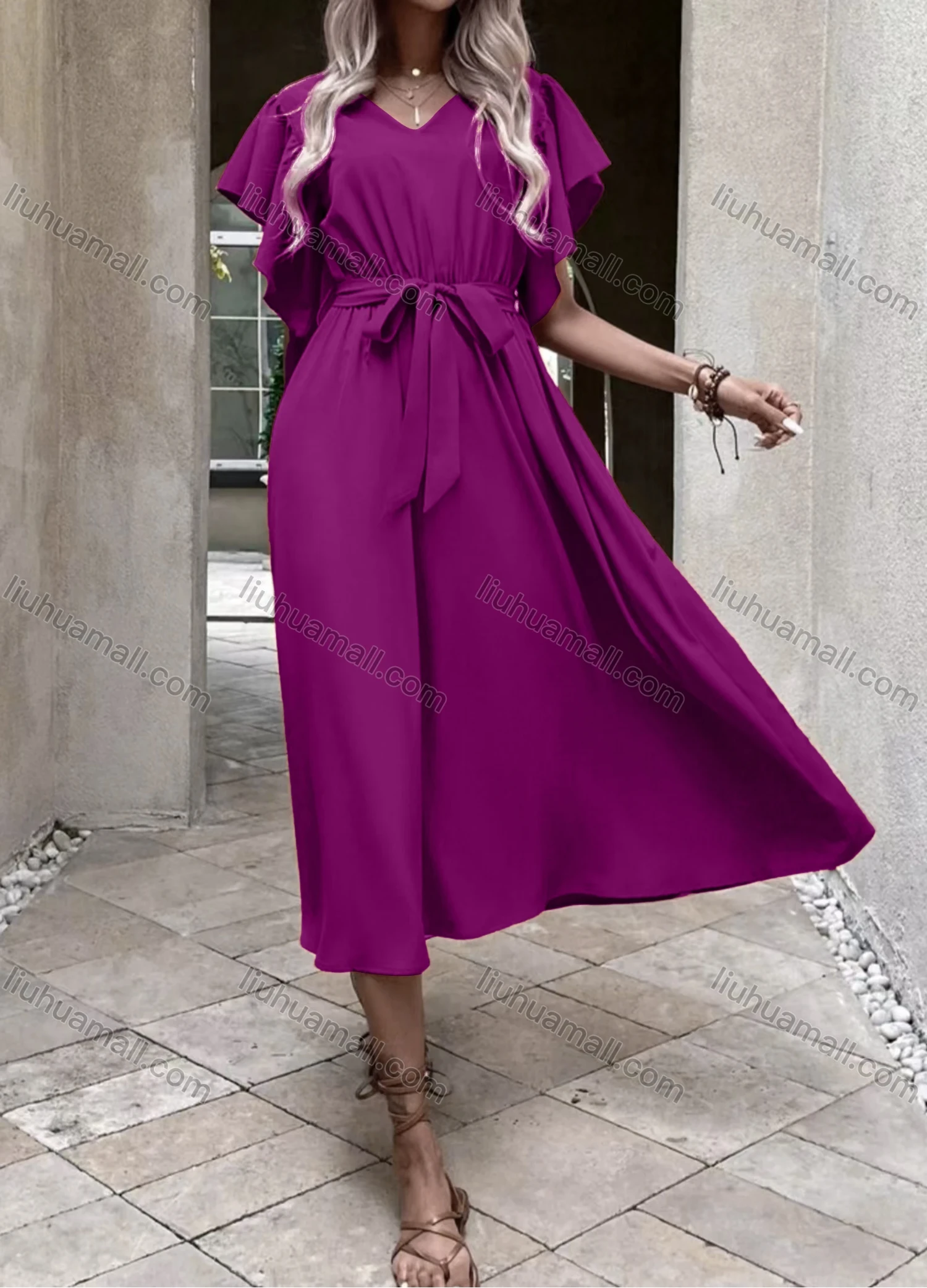 Wholesale Women's Casual Plain V Neck Short Sleeve Midi Dress With Belt - Liuhuamall