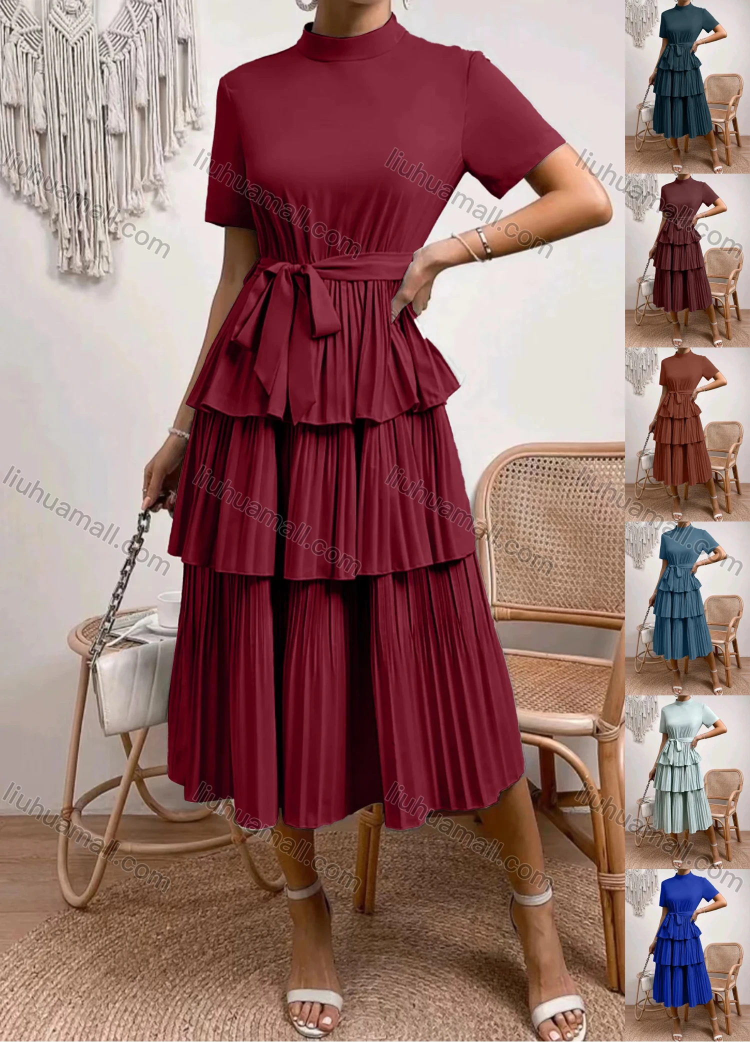 Wholesale Women's Casual Plain Mock Neck Short Sleeve Pleated Layered Hem Midi Dress With Belt - Liuhuamall