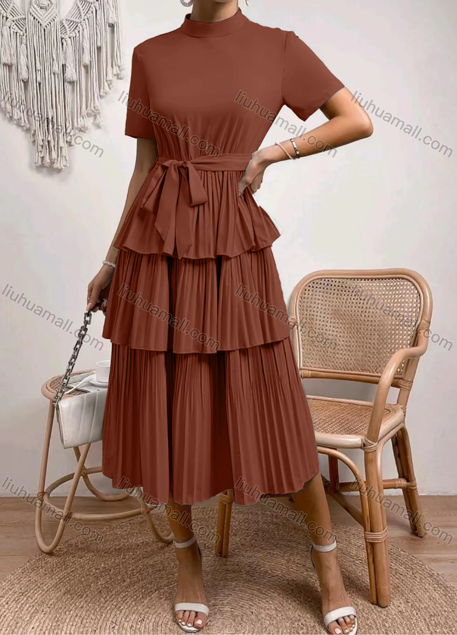 Wholesale Women's Casual Plain Mock Neck Short Sleeve Pleated Layered Hem Midi Dress With Belt - Liuhuamall