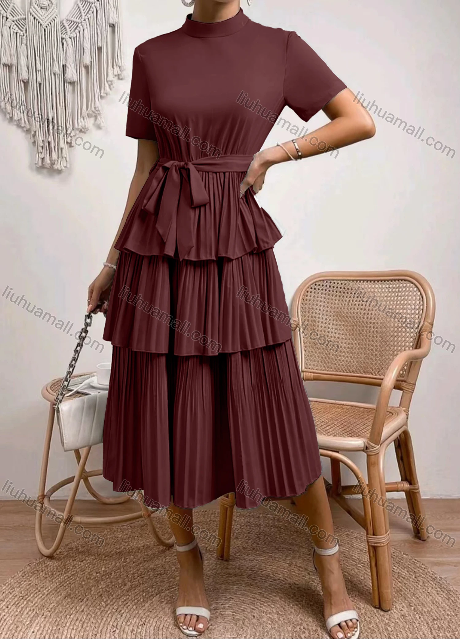 Wholesale Women's Casual Plain Mock Neck Short Sleeve Pleated Layered Hem Midi Dress With Belt - Liuhuamall