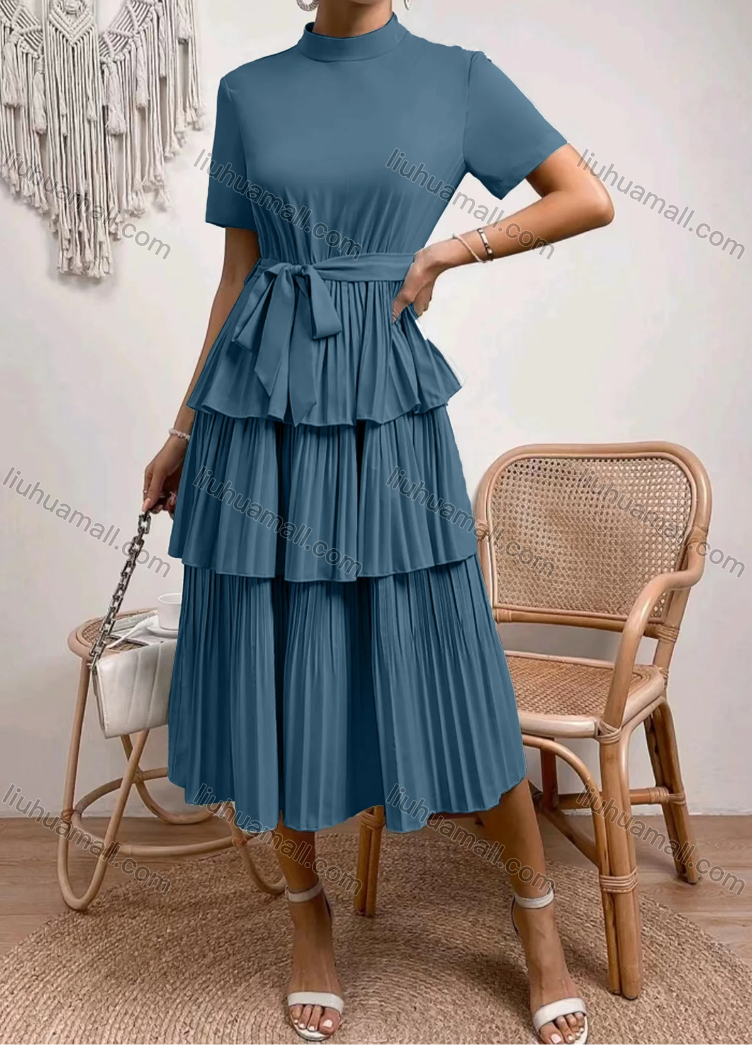 Wholesale Women's Casual Plain Mock Neck Short Sleeve Pleated Layered Hem Midi Dress With Belt - Liuhuamall
