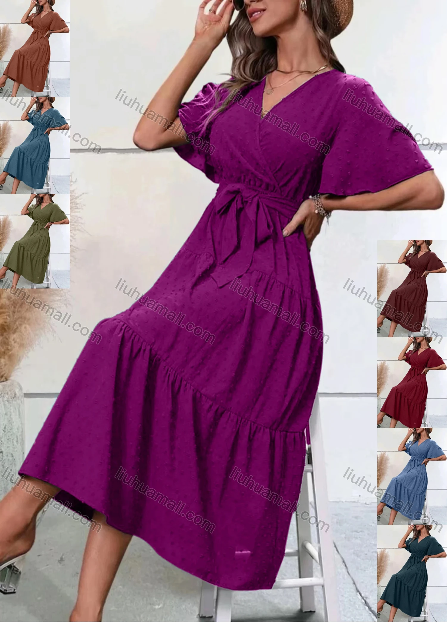 Wholesale Women's Casual Plain Swiss Dot Wrap V Neck Short Sleeve Midi Dress With Belt - Liuhuamall