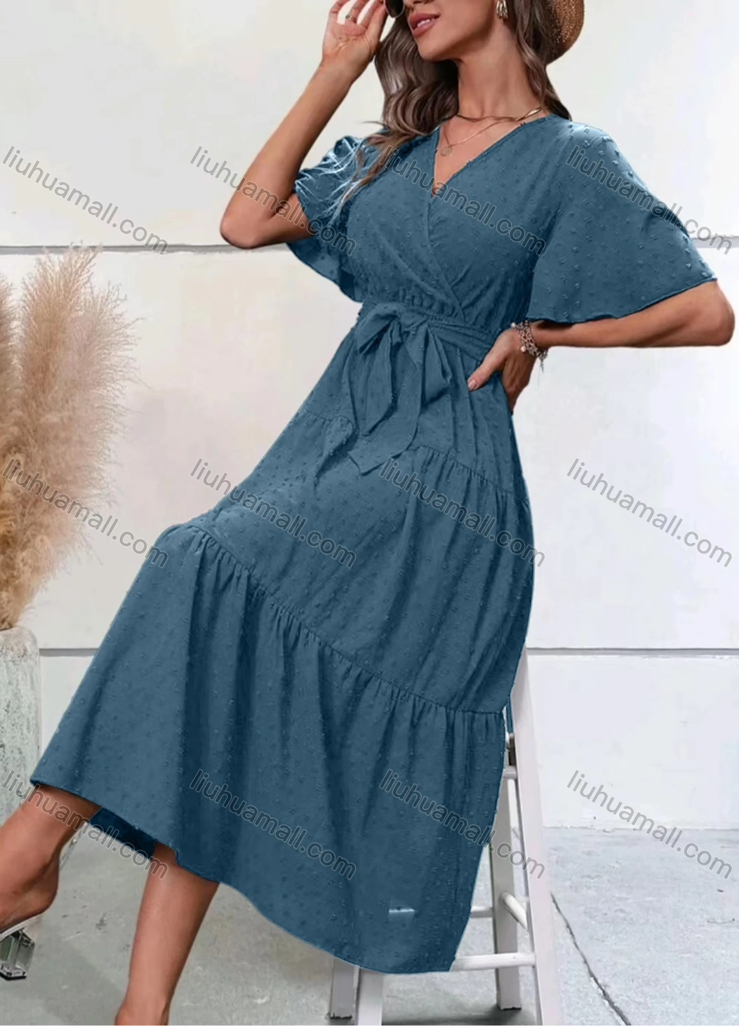 Wholesale Women's Casual Plain Swiss Dot Wrap V Neck Short Sleeve Midi Dress With Belt - Liuhuamall