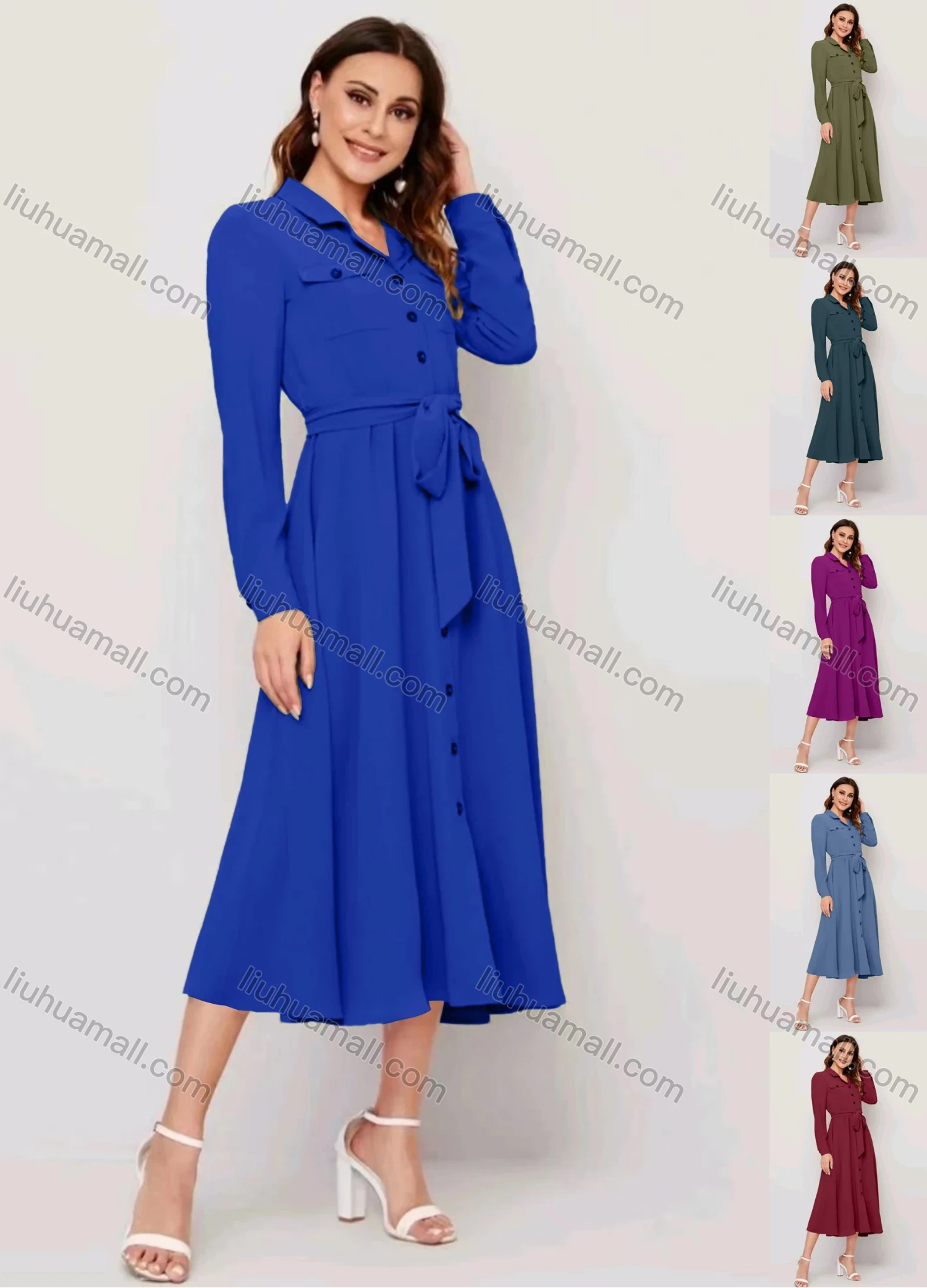 Wholesale Women's Casual Plain Collared Button Down Flap Pockets Long Sleeve Midi Shirt Dress With Belt - Liuhuamall