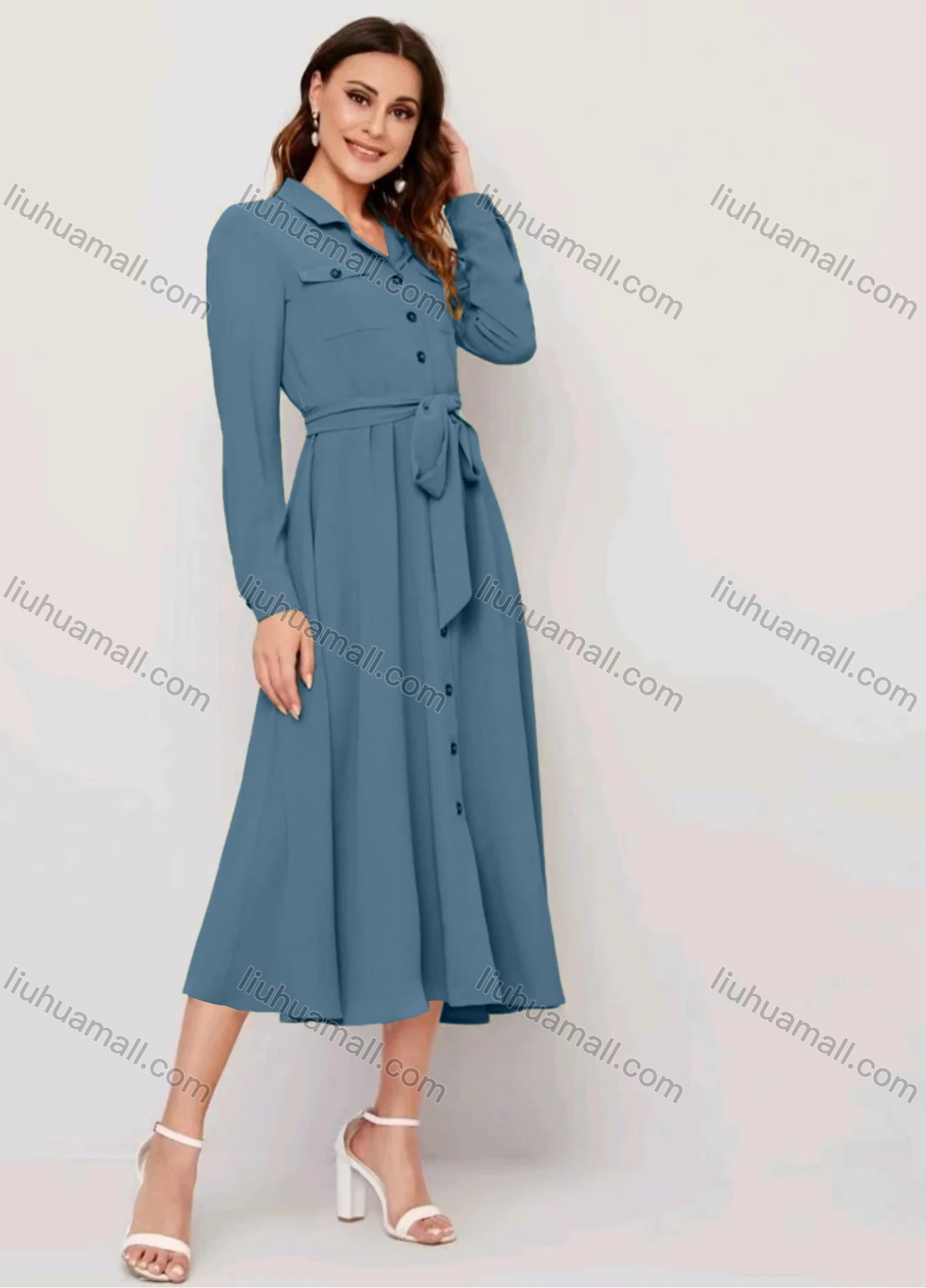 Wholesale Women's Casual Plain Collared Button Down Flap Pockets Long Sleeve Midi Shirt Dress With Belt - Liuhuamall