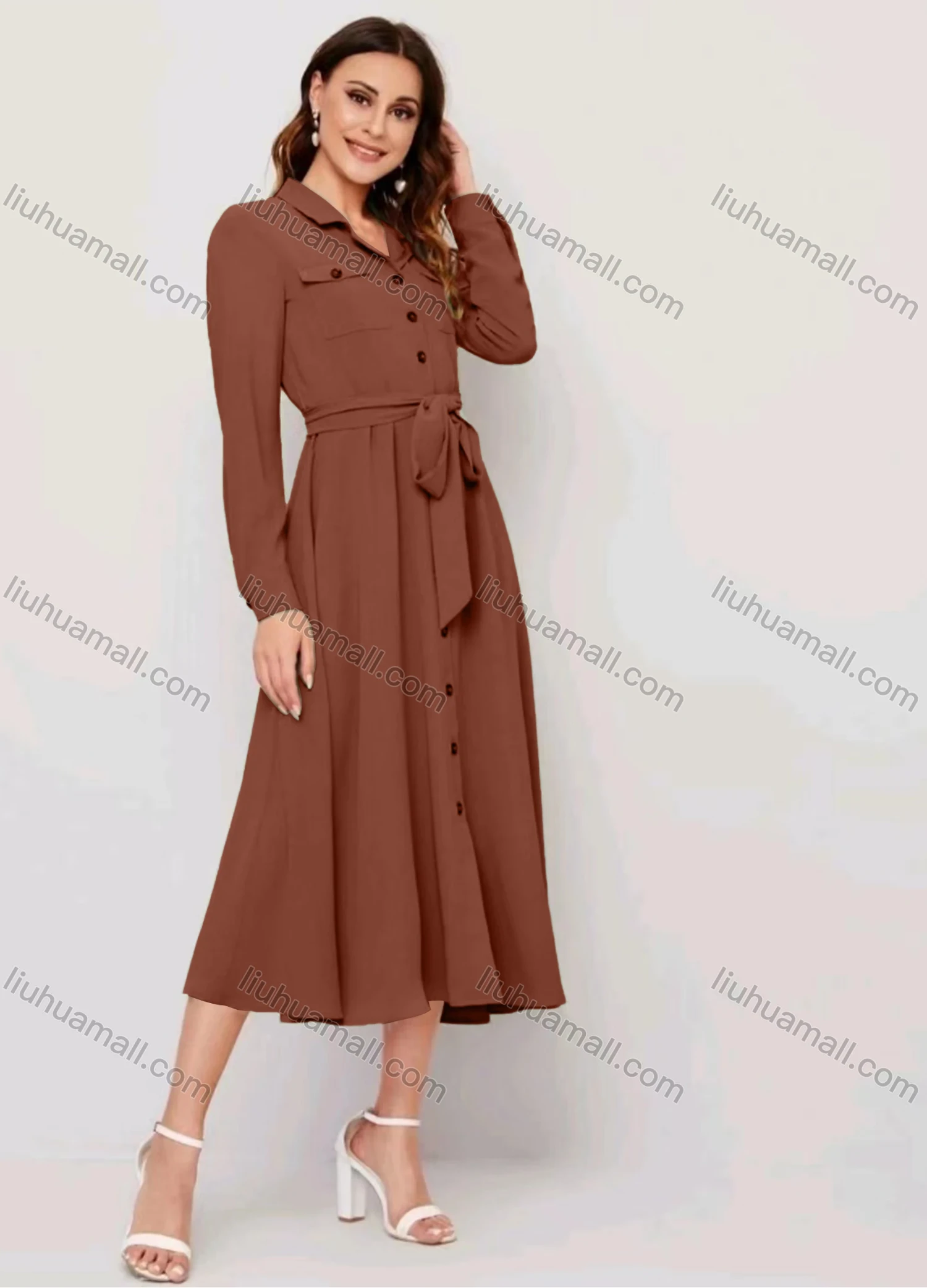 Wholesale Women's Casual Plain Collared Button Down Flap Pockets Long Sleeve Midi Shirt Dress With Belt - Liuhuamall