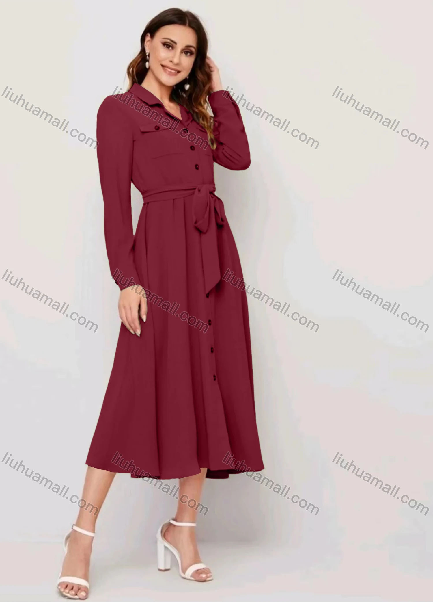 Wholesale Women's Casual Plain Collared Button Down Flap Pockets Long Sleeve Midi Shirt Dress With Belt - Liuhuamall