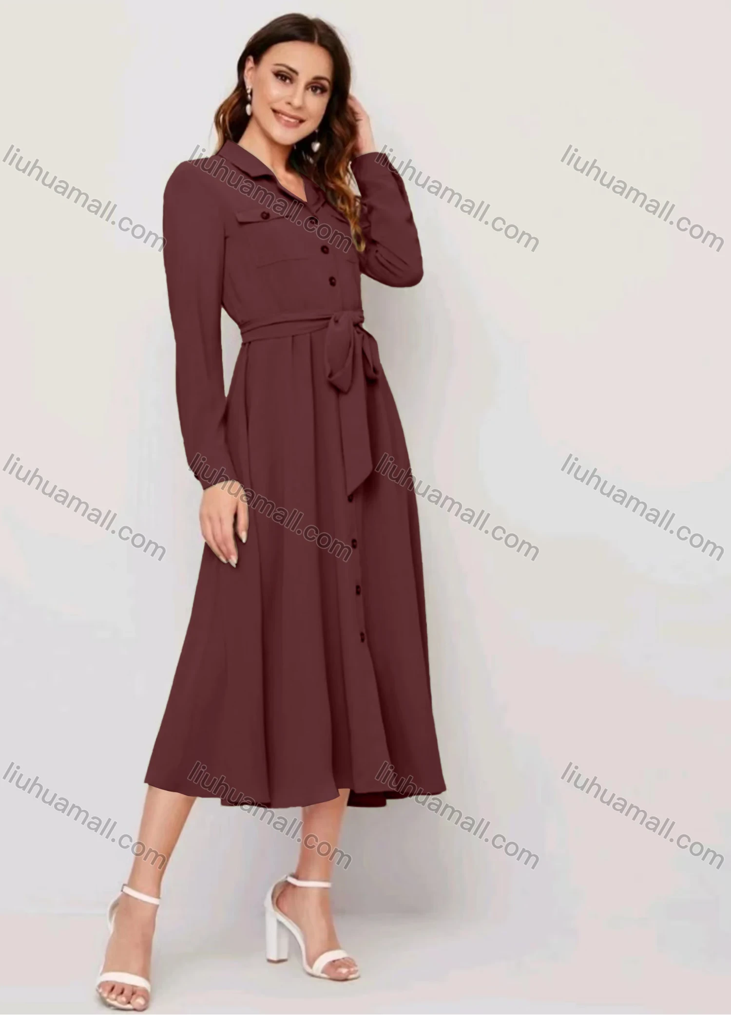 Wholesale Women's Casual Plain Collared Button Down Flap Pockets Long Sleeve Midi Shirt Dress With Belt - Liuhuamall