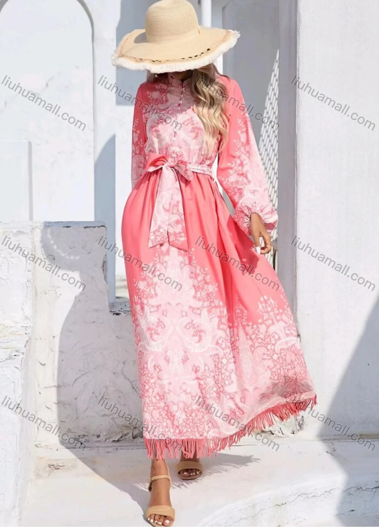 Wholesale Women's Casual Allover Print Stand Collar Button Front Long Sleeve Tassel Trim Maxi Dress With Belt - Liuhuamall