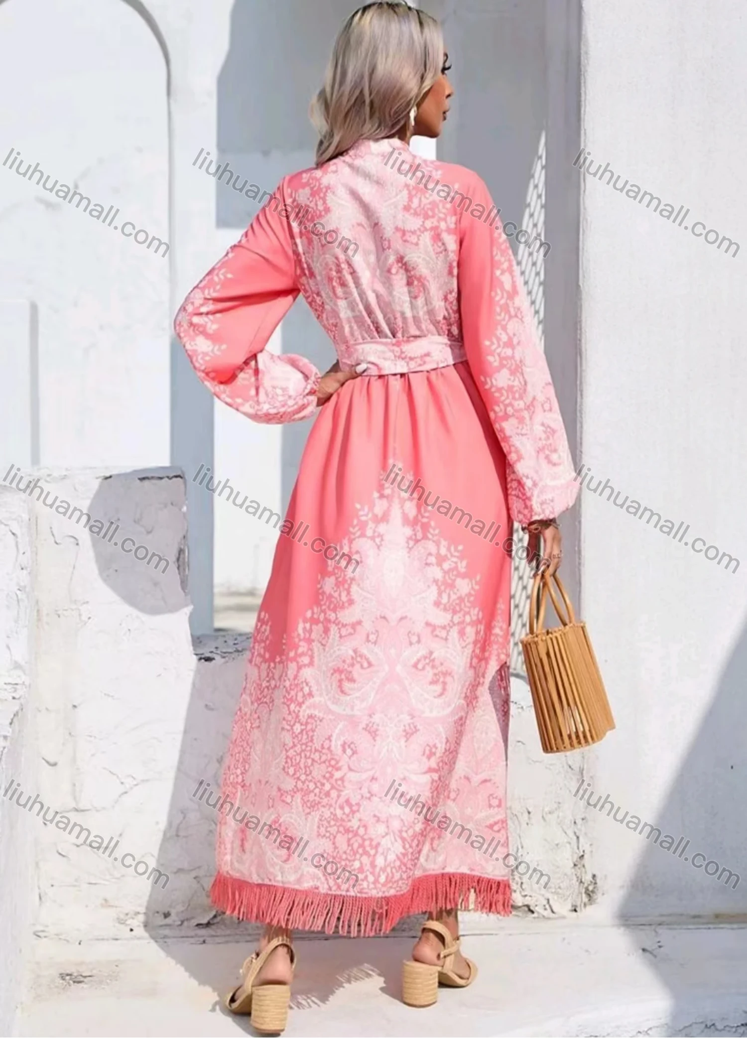 Wholesale Women's Casual Allover Print Stand Collar Button Front Long Sleeve Tassel Trim Maxi Dress With Belt - Liuhuamall