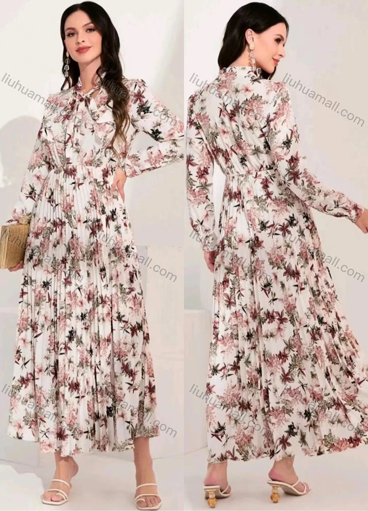 Wholesale Women's Casual Allover Print Tie Neck Long Sleeve Pleated Ruffle Hem Maxi Dress - Liuhuamall