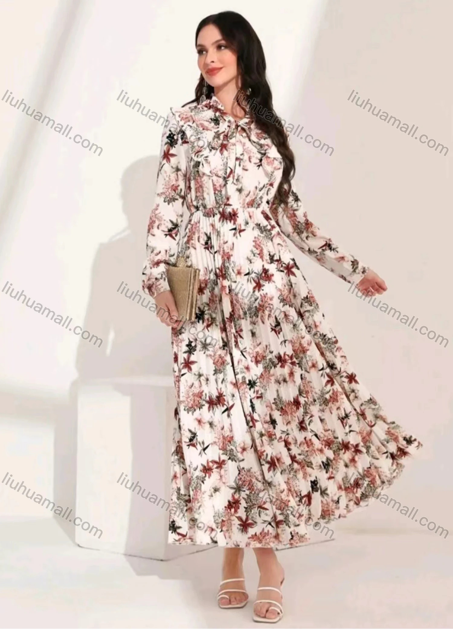 Wholesale Women's Casual Allover Print Tie Neck Long Sleeve Pleated Ruffle Hem Maxi Dress - Liuhuamall