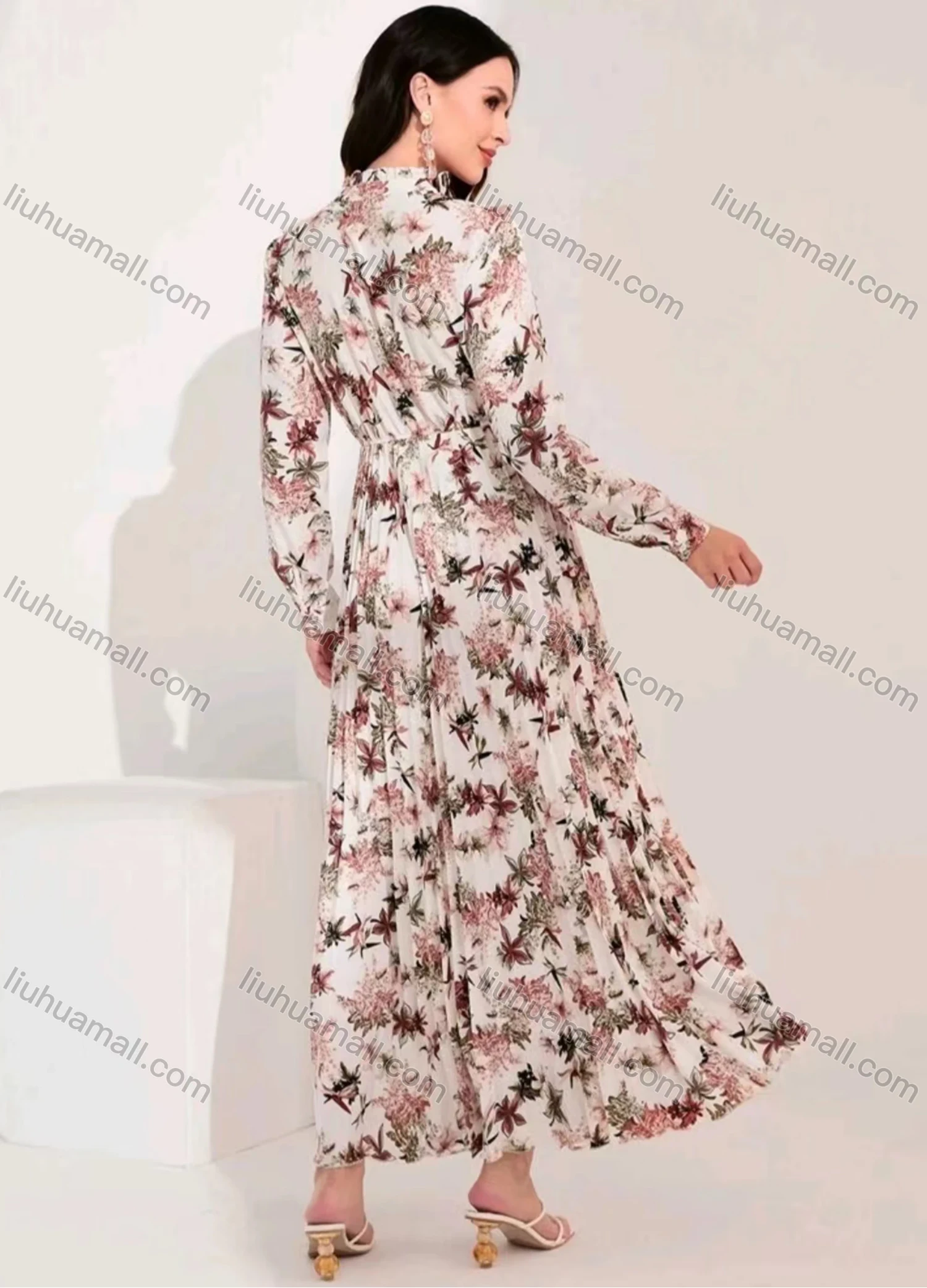 Wholesale Women's Casual Allover Print Tie Neck Long Sleeve Pleated Ruffle Hem Maxi Dress - Liuhuamall