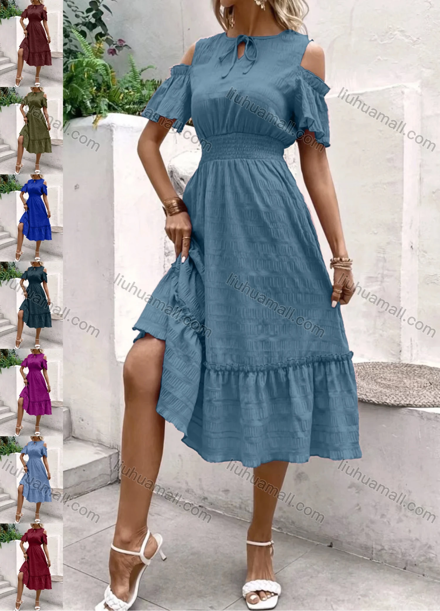 Wholesale Women's Casual Plain Tie Neck Cold Shoulder Shirred Ruffle Trim Midi Dress - Liuhuamall