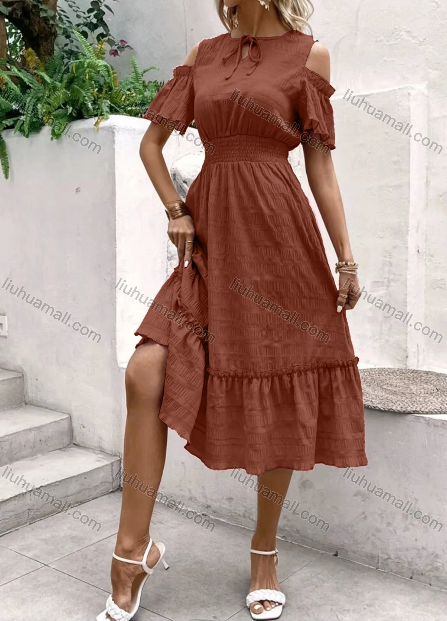 Wholesale Women's Casual Plain Tie Neck Cold Shoulder Shirred Ruffle Trim Midi Dress - Liuhuamall