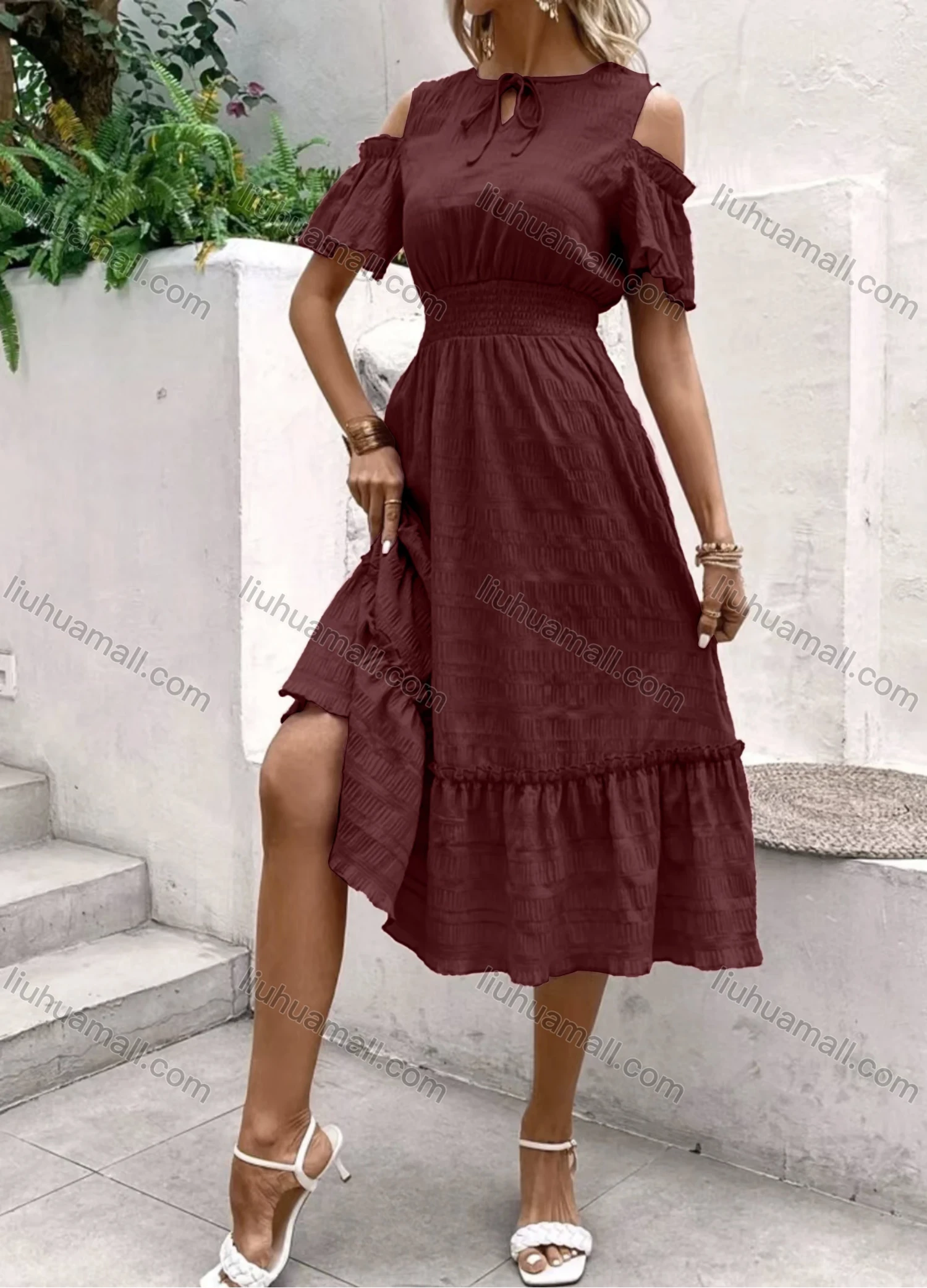 Wholesale Women's Casual Plain Tie Neck Cold Shoulder Shirred Ruffle Trim Midi Dress - Liuhuamall