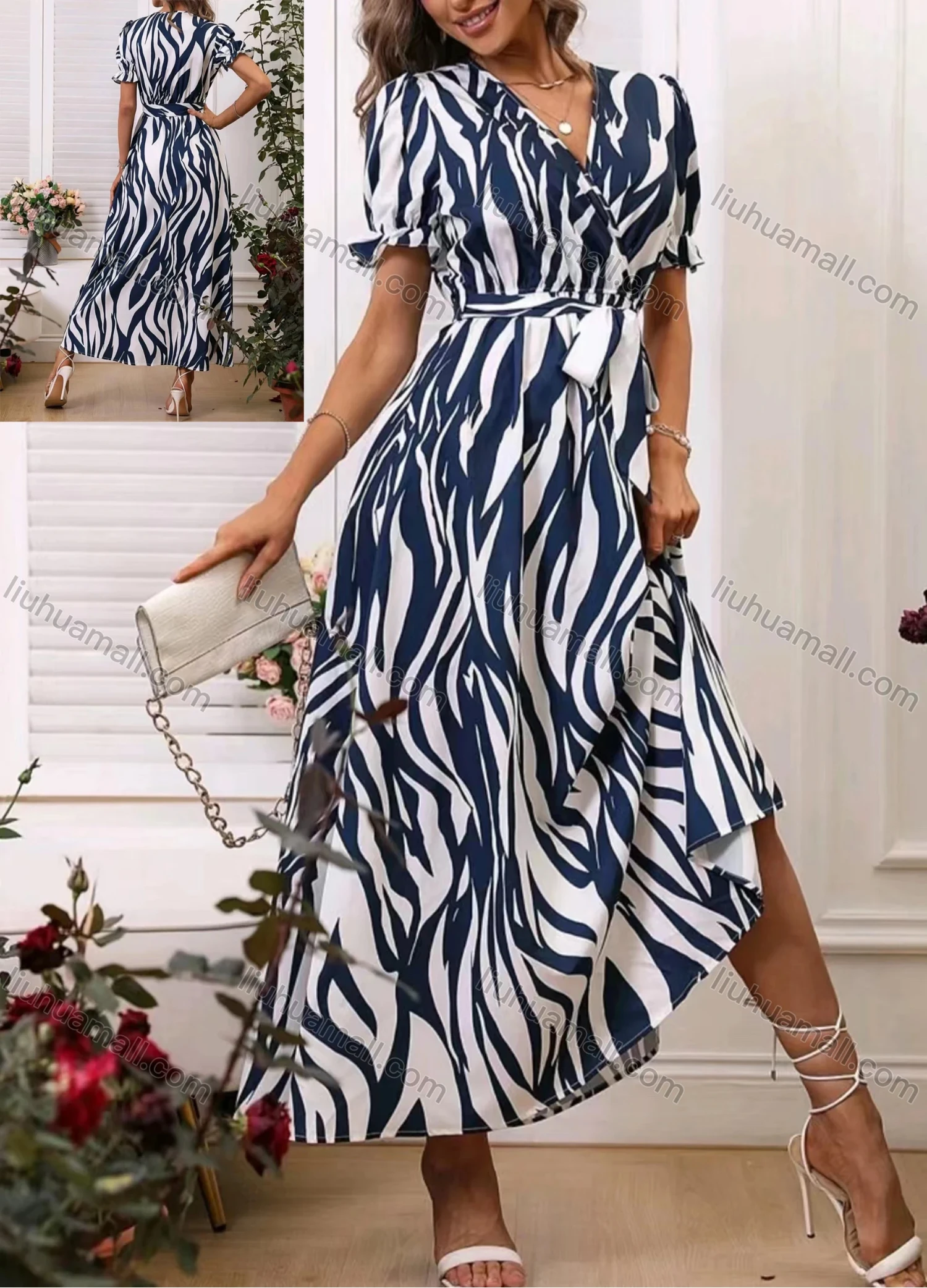 Wholesale Women's Casual Wrap V Neck Short Sleeve Maxi Dress With Belt - Liuhuamall