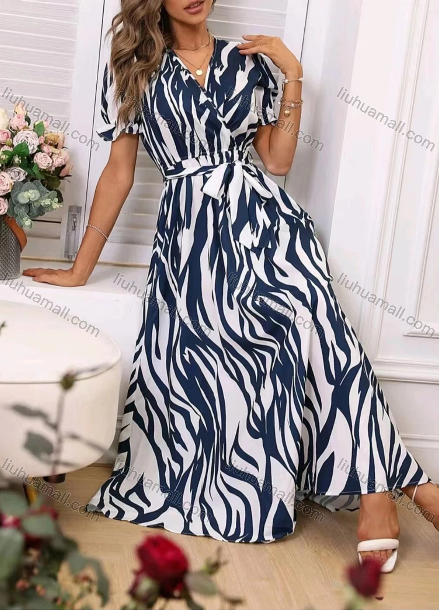 Wholesale Women's Casual Wrap V Neck Short Sleeve Maxi Dress With Belt - Liuhuamall