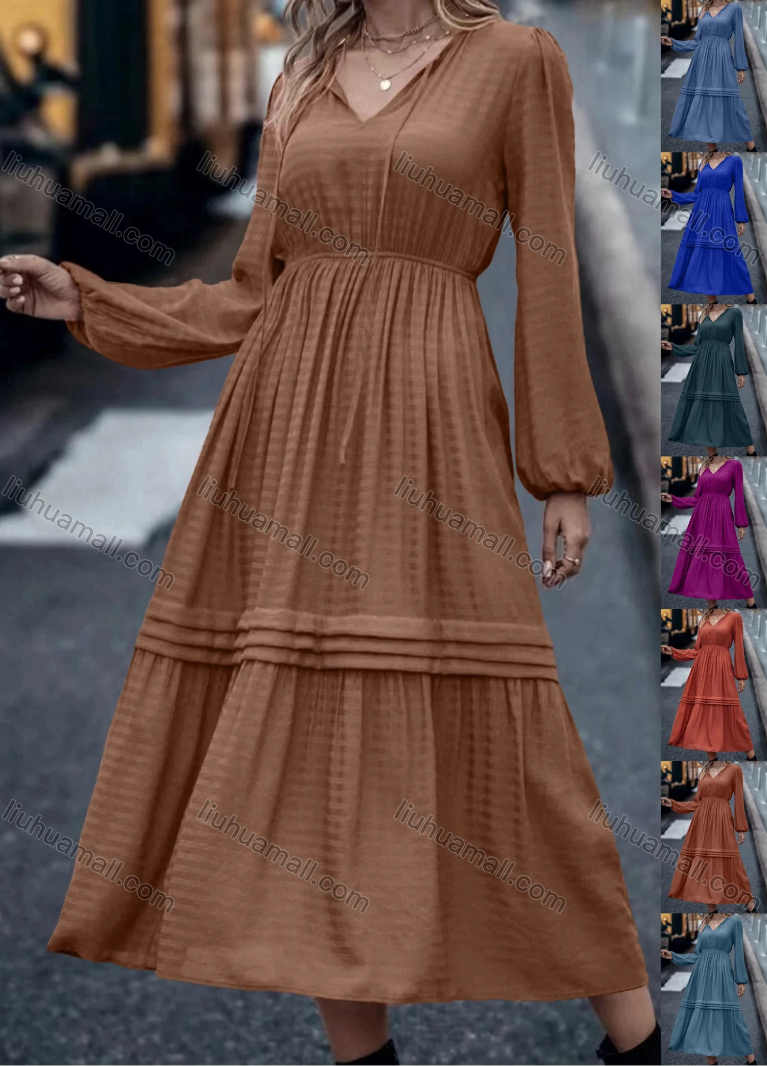 Wholesale Women's Casual Plain V Neck Long Sleeve High Waist Ruched Midi Dress - Liuhuamall