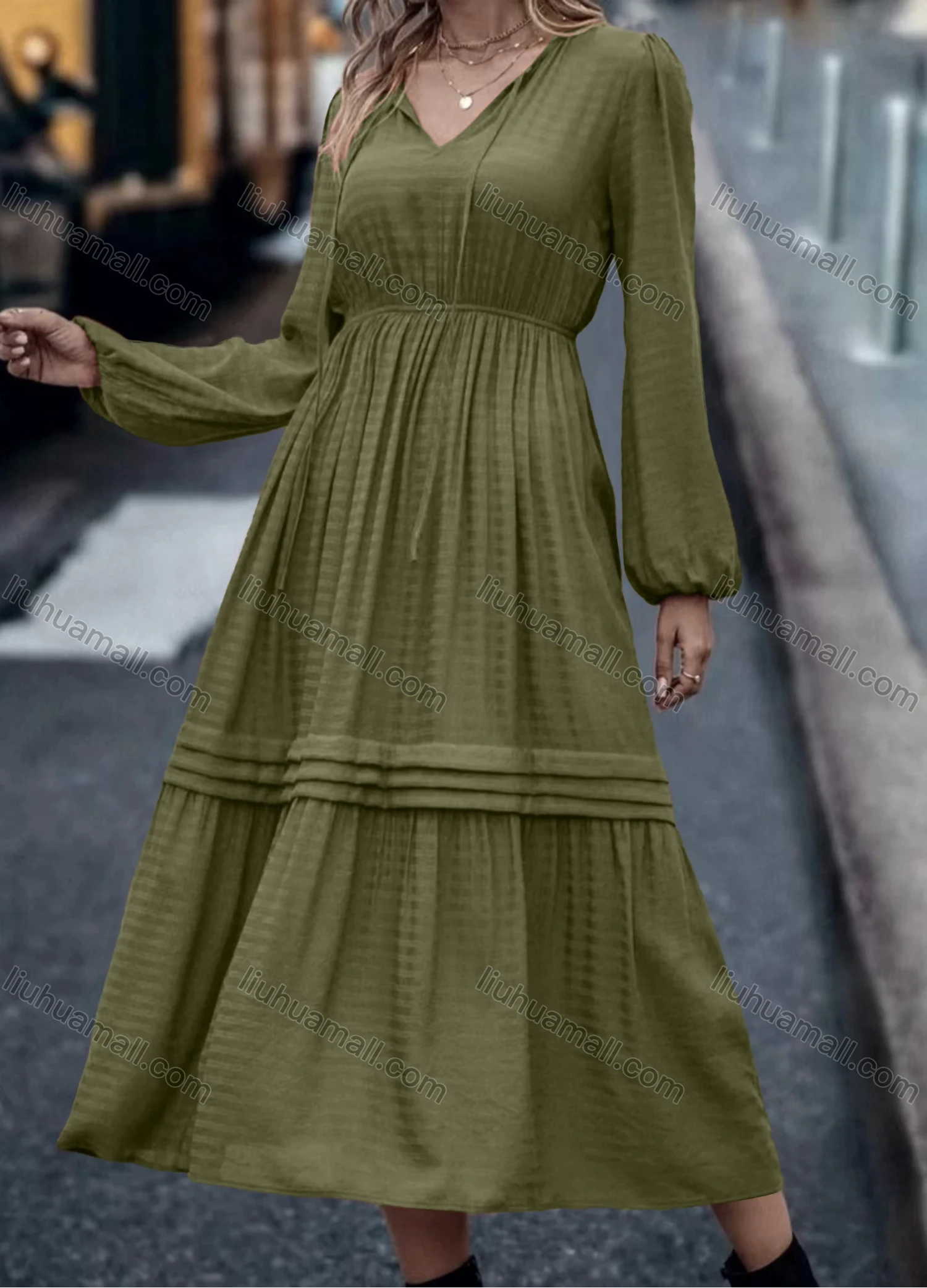 Wholesale Women's Casual Plain V Neck Long Sleeve High Waist Ruched Midi Dress - Liuhuamall