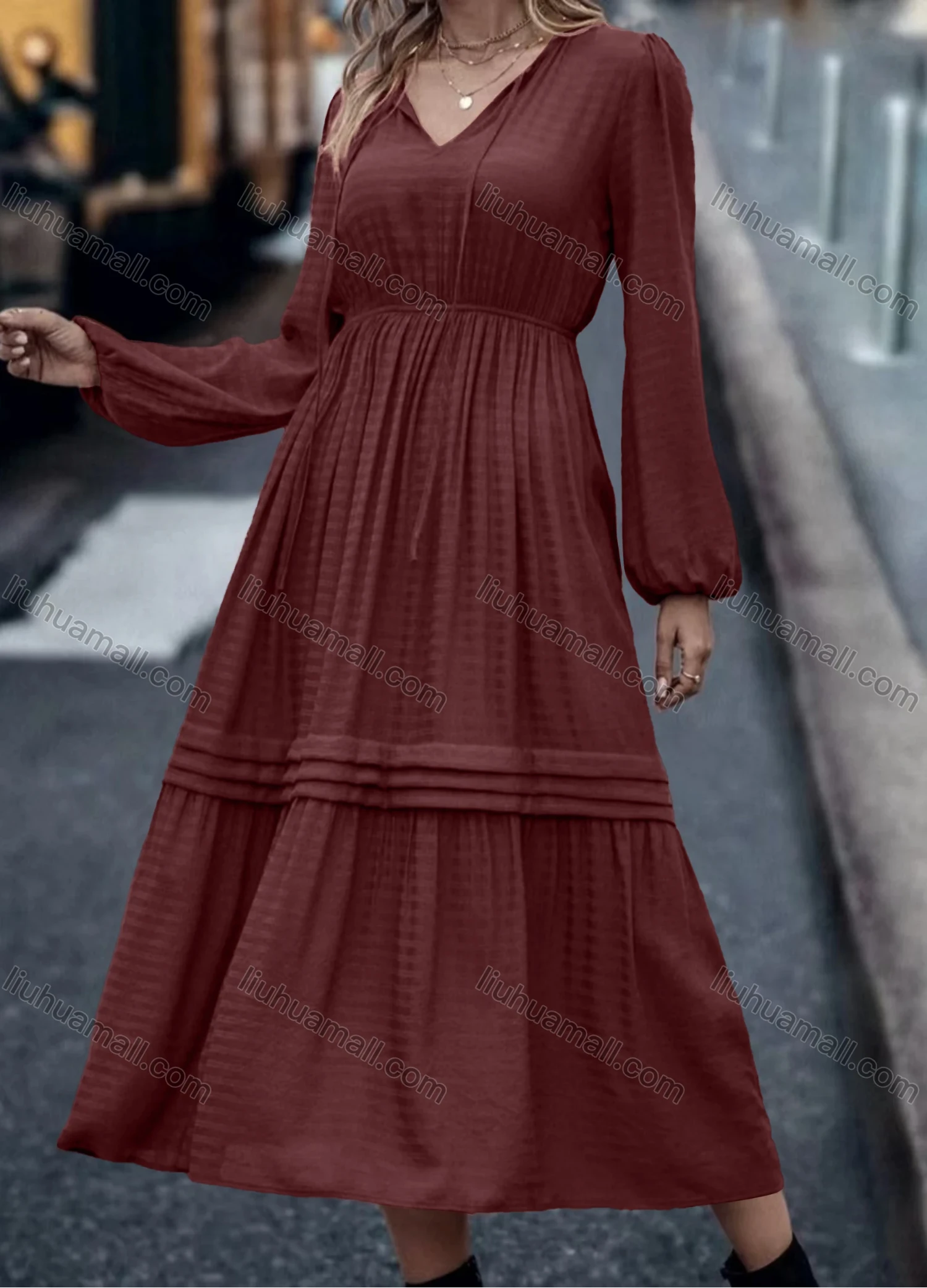 Wholesale Women's Casual Plain V Neck Long Sleeve High Waist Ruched Midi Dress - Liuhuamall