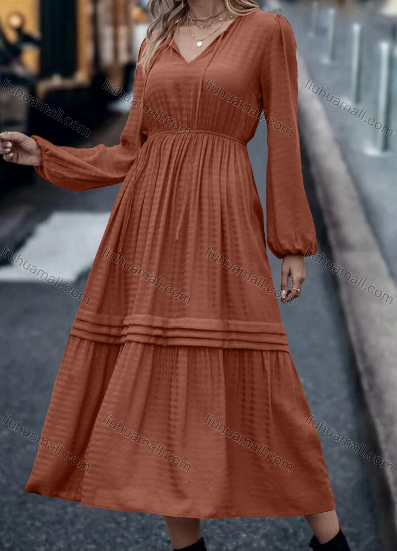 Wholesale Women's Casual Plain V Neck Long Sleeve High Waist Ruched Midi Dress - Liuhuamall