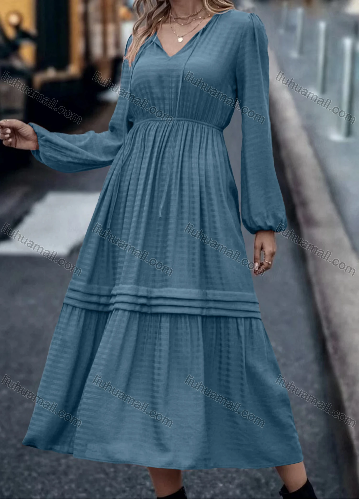 Wholesale Women's Casual Plain V Neck Long Sleeve High Waist Ruched Midi Dress - Liuhuamall