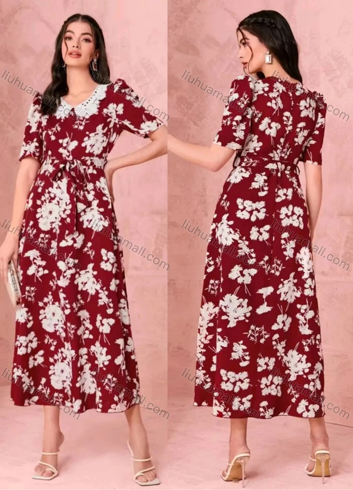 Wholesale Women's Casual Floral Print Short Sleeve Midi Dress With Belt - Liuhuamall
