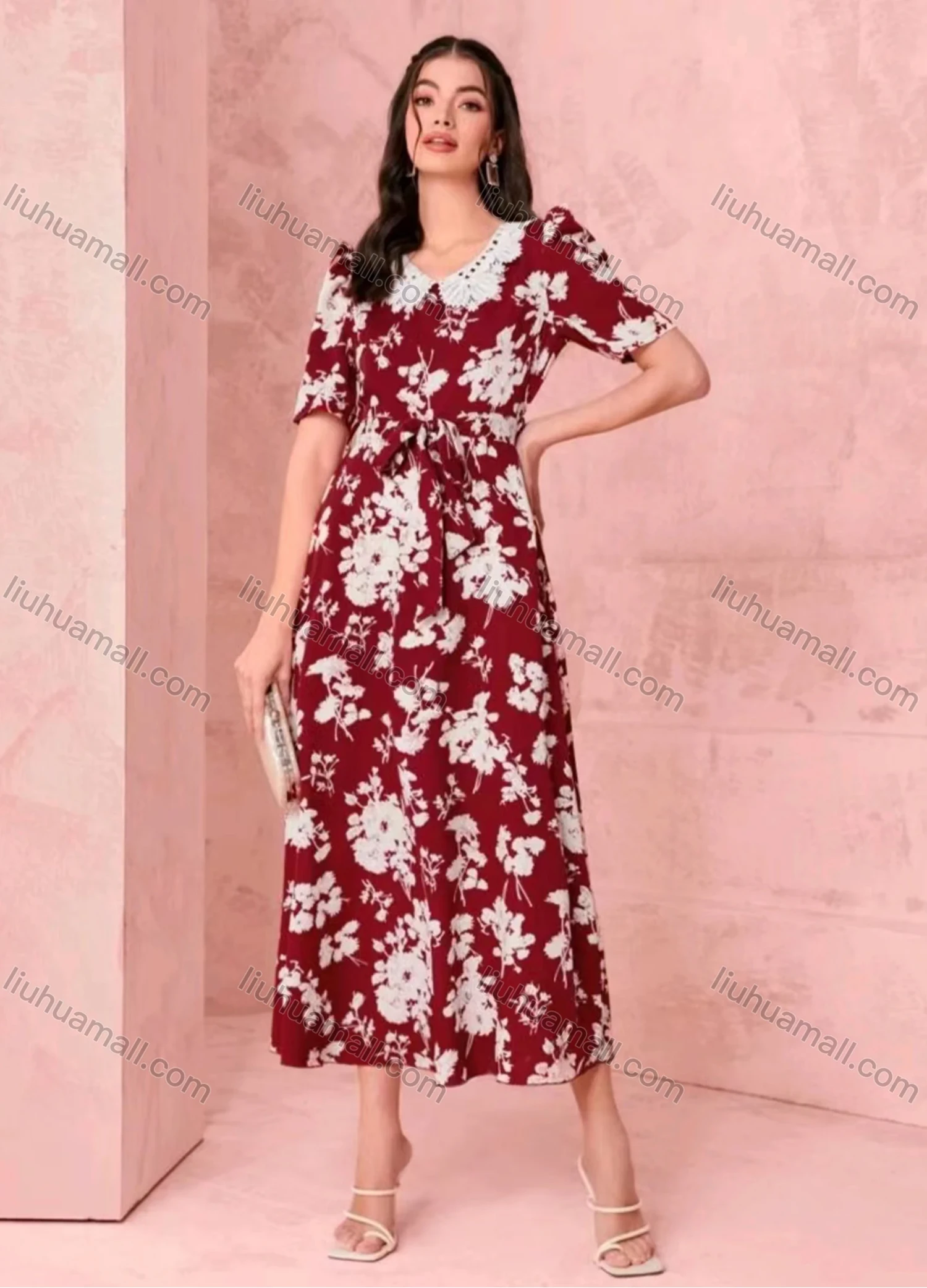 Wholesale Women's Casual Floral Print Short Sleeve Midi Dress With Belt - Liuhuamall