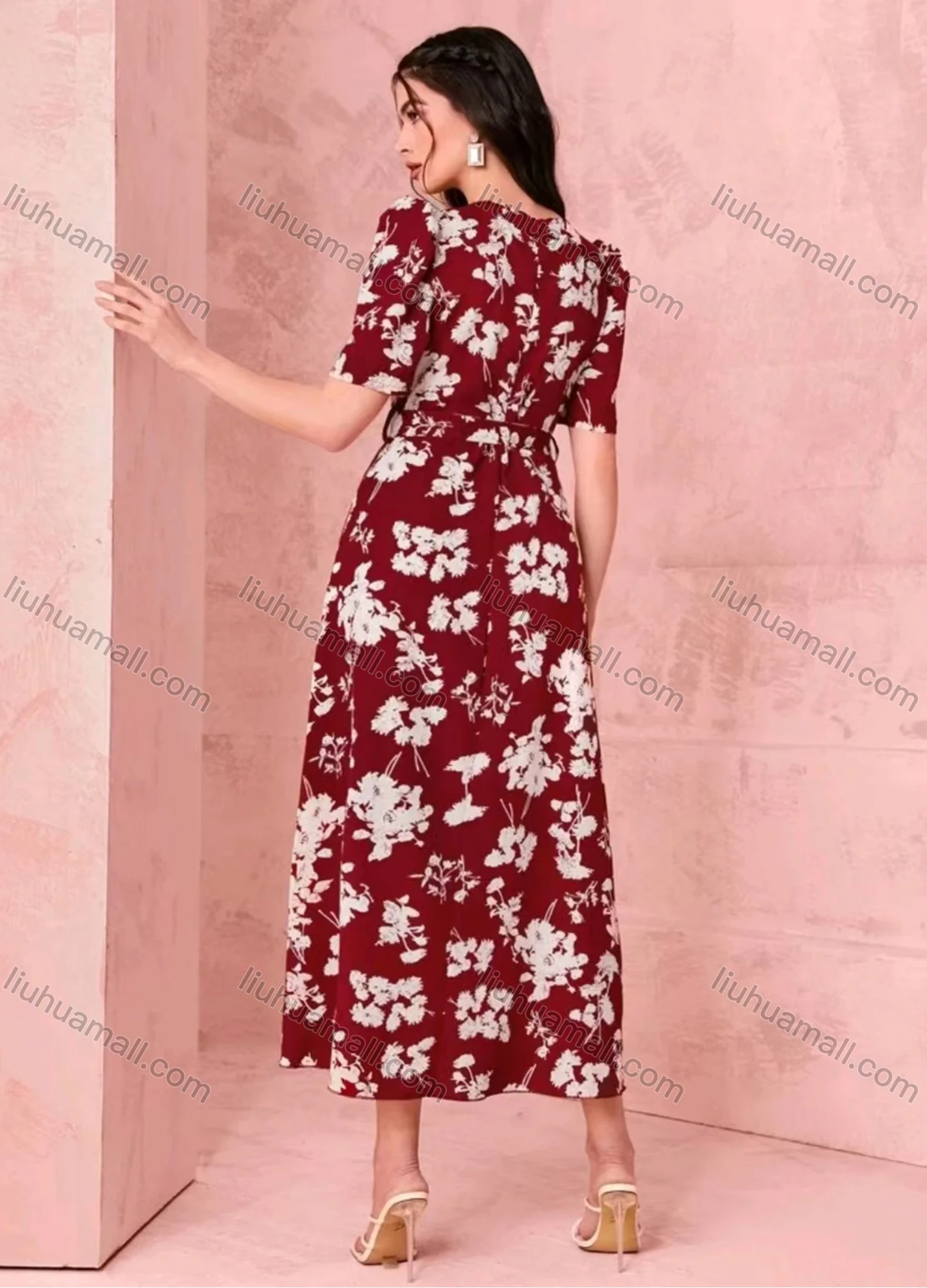 Wholesale Women's Casual Floral Print Short Sleeve Midi Dress With Belt - Liuhuamall
