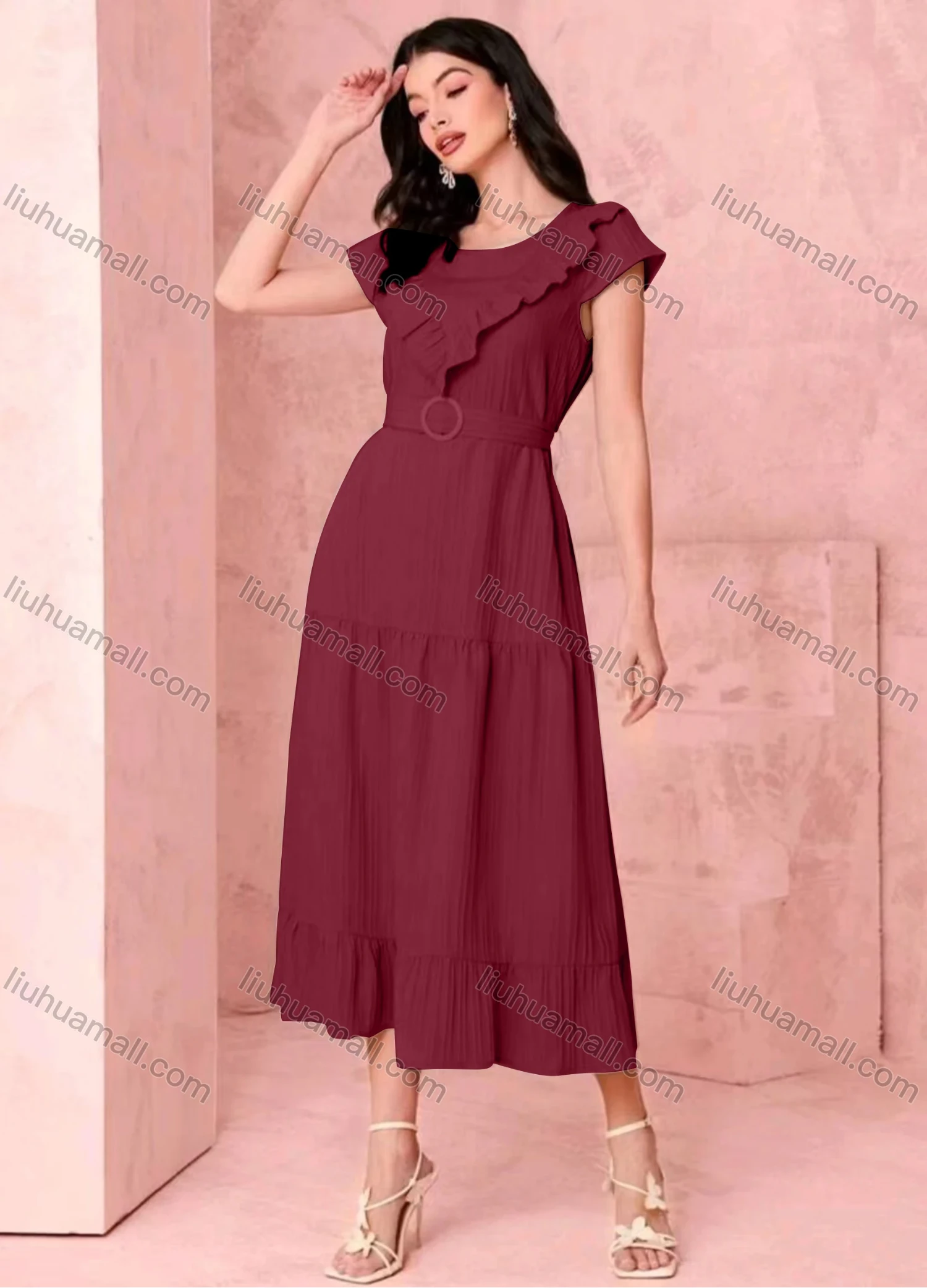 Wholesale Women's Casual Plain Ruffle Trim Short Sleeve Ruffle Hem Midi Dress With Belt - Liuhuamall