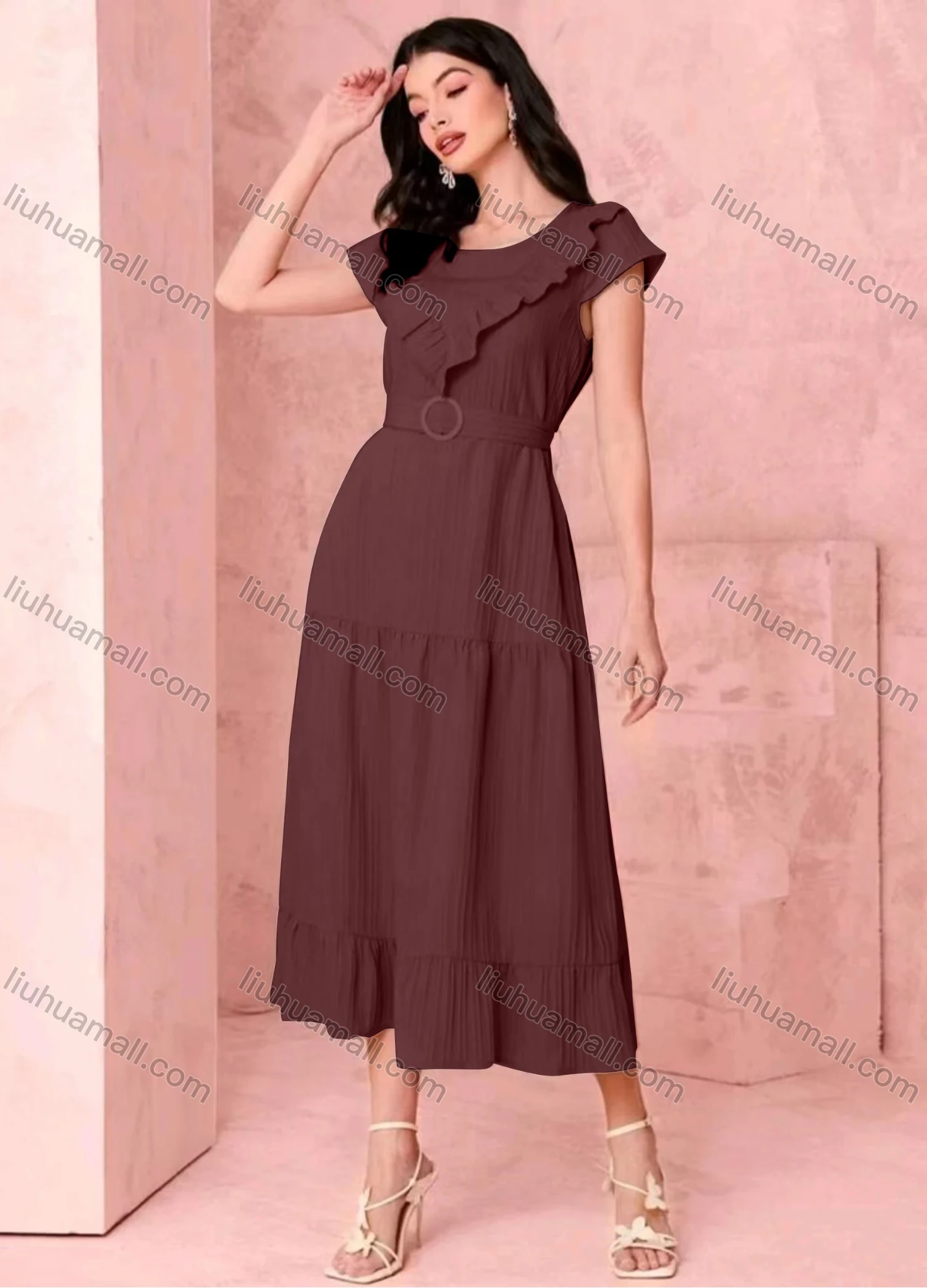 Wholesale Women's Casual Plain Ruffle Trim Short Sleeve Ruffle Hem Midi Dress With Belt - Liuhuamall