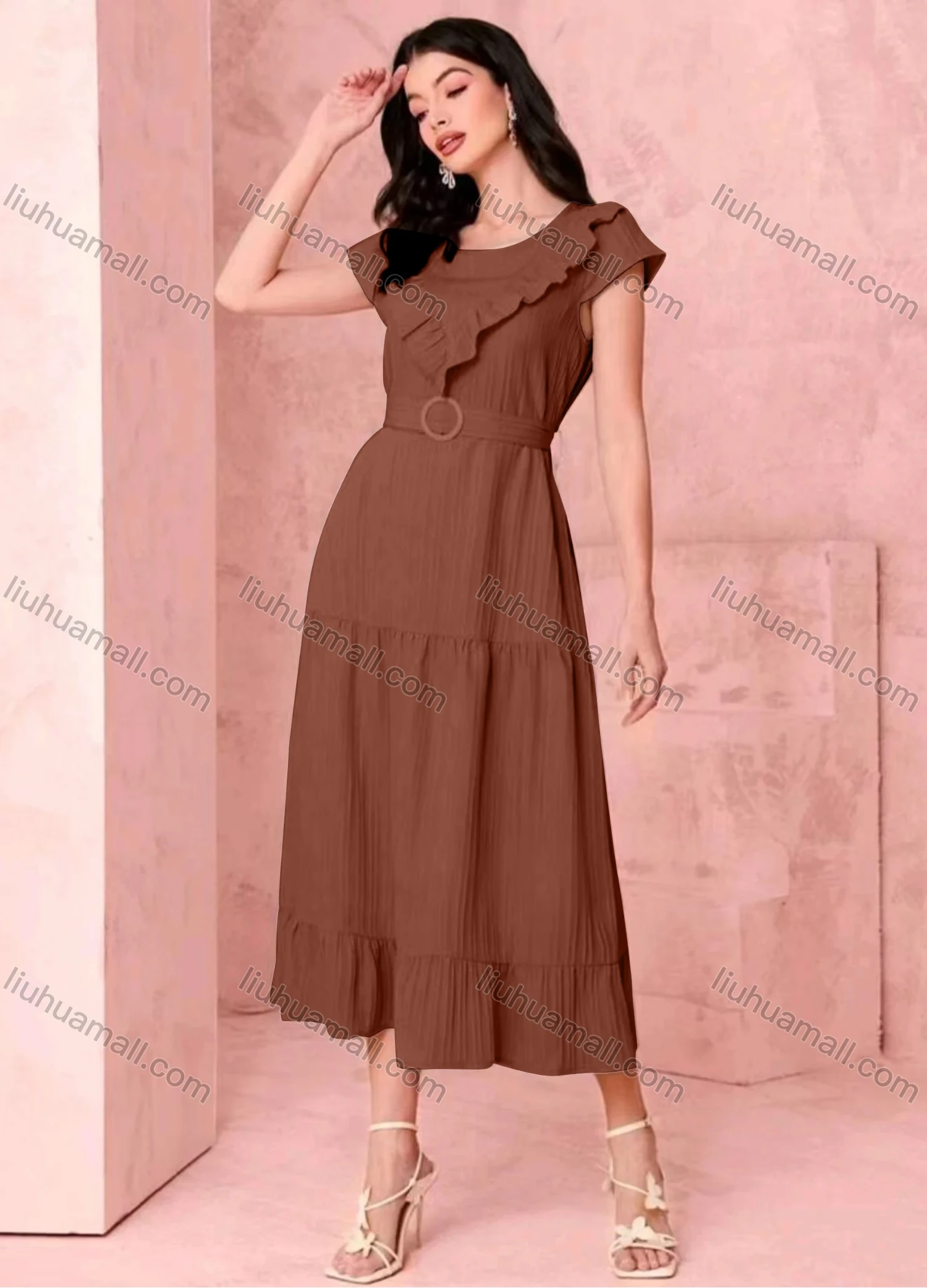 Wholesale Women's Casual Plain Ruffle Trim Short Sleeve Ruffle Hem Midi Dress With Belt - Liuhuamall