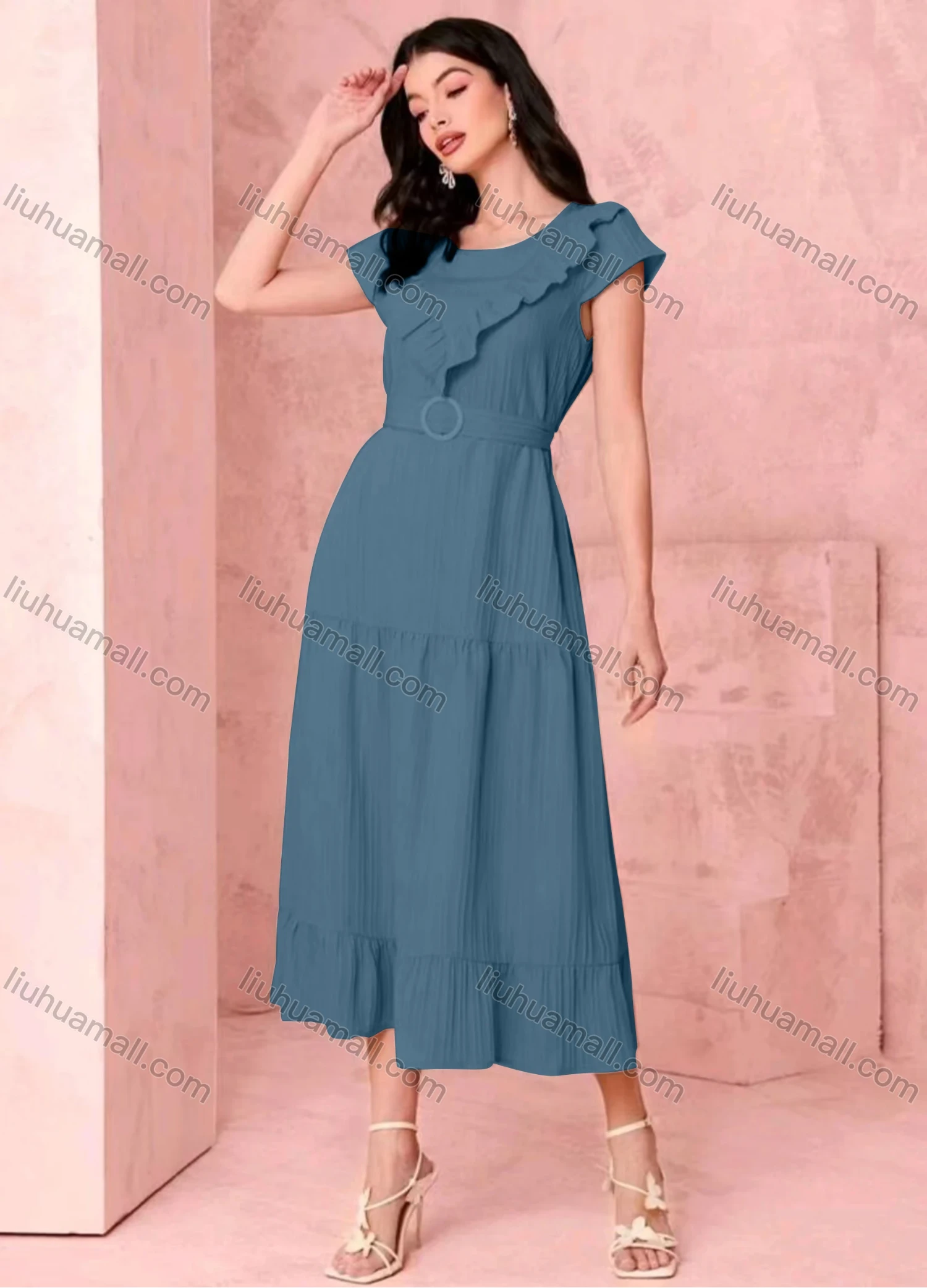Wholesale Women's Casual Plain Ruffle Trim Short Sleeve Ruffle Hem Midi Dress With Belt - Liuhuamall