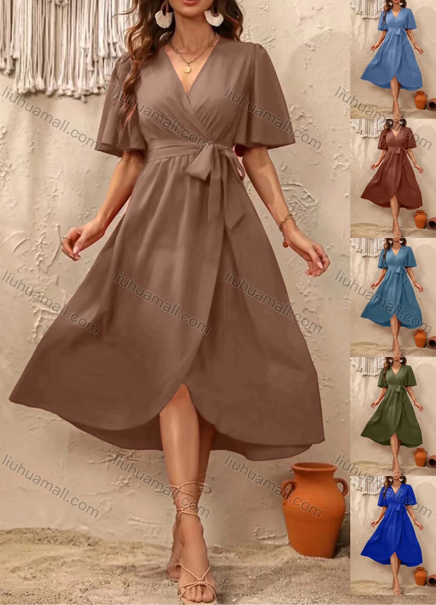 Wholesale women's Casual Plain Wrap V Neck Short Sleeve Wrap Hem Midi Dress With Belt - Liuhuamall