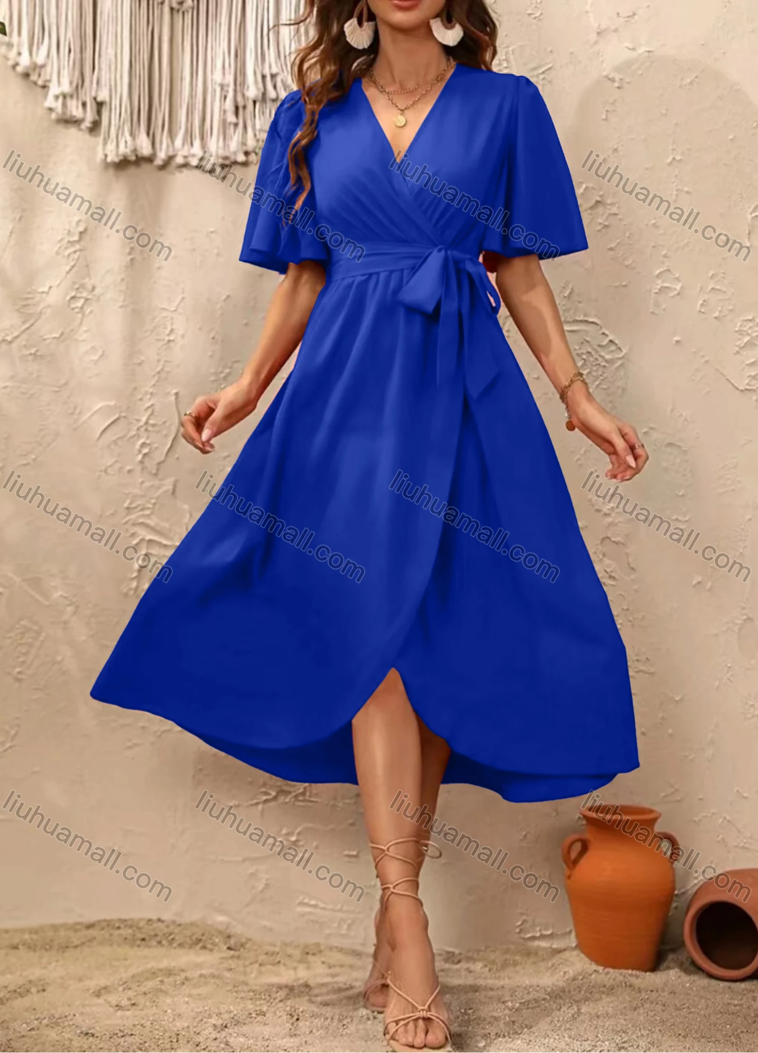 Wholesale women's Casual Plain Wrap V Neck Short Sleeve Wrap Hem Midi Dress With Belt - Liuhuamall