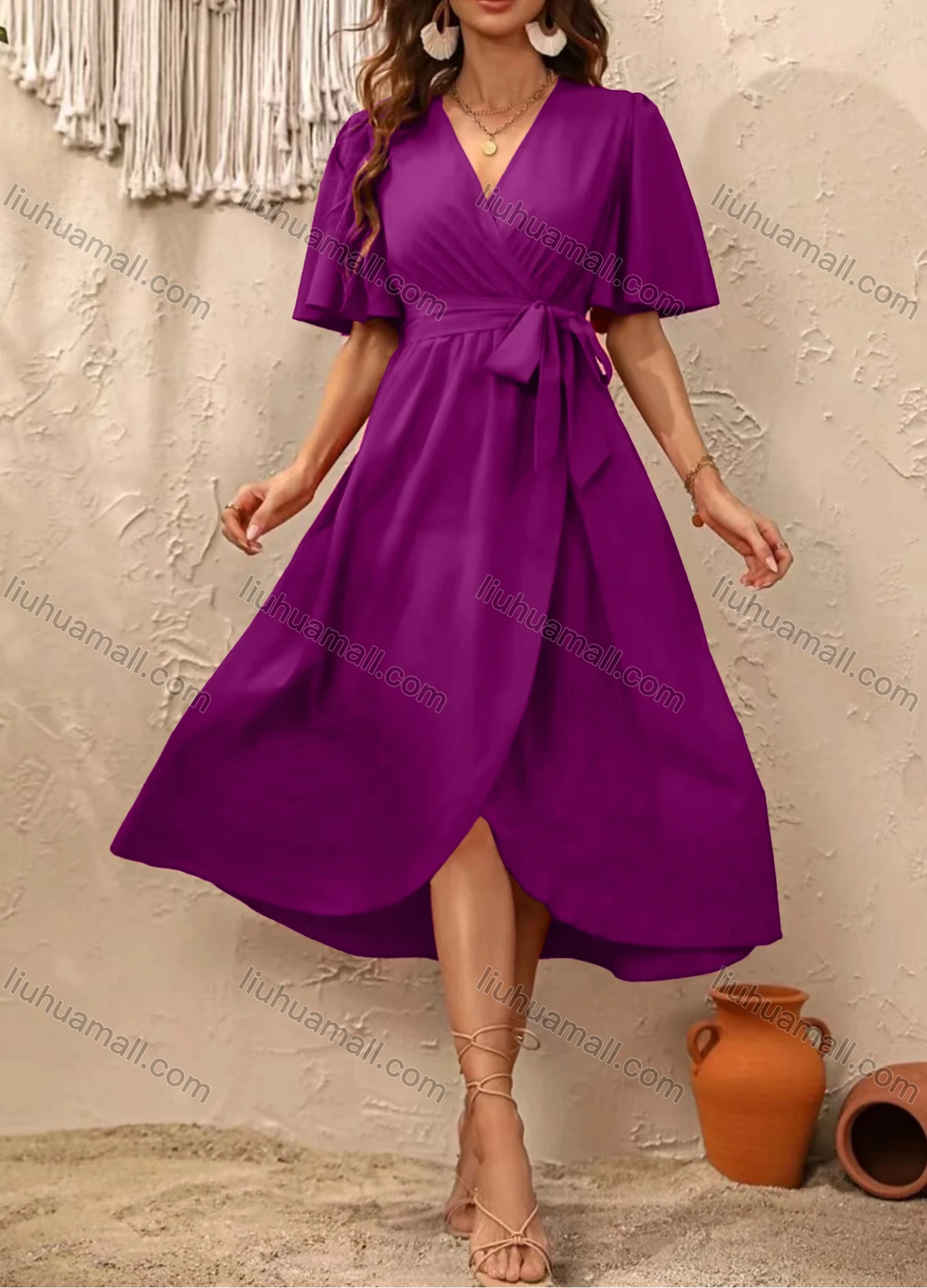 Wholesale women's Casual Plain Wrap V Neck Short Sleeve Wrap Hem Midi Dress With Belt - Liuhuamall