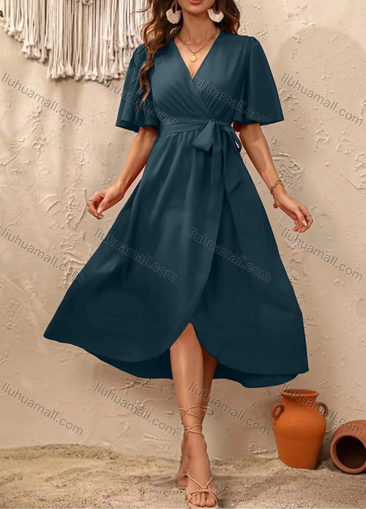 Wholesale women's Casual Plain Wrap V Neck Short Sleeve Wrap Hem Midi Dress With Belt - Liuhuamall