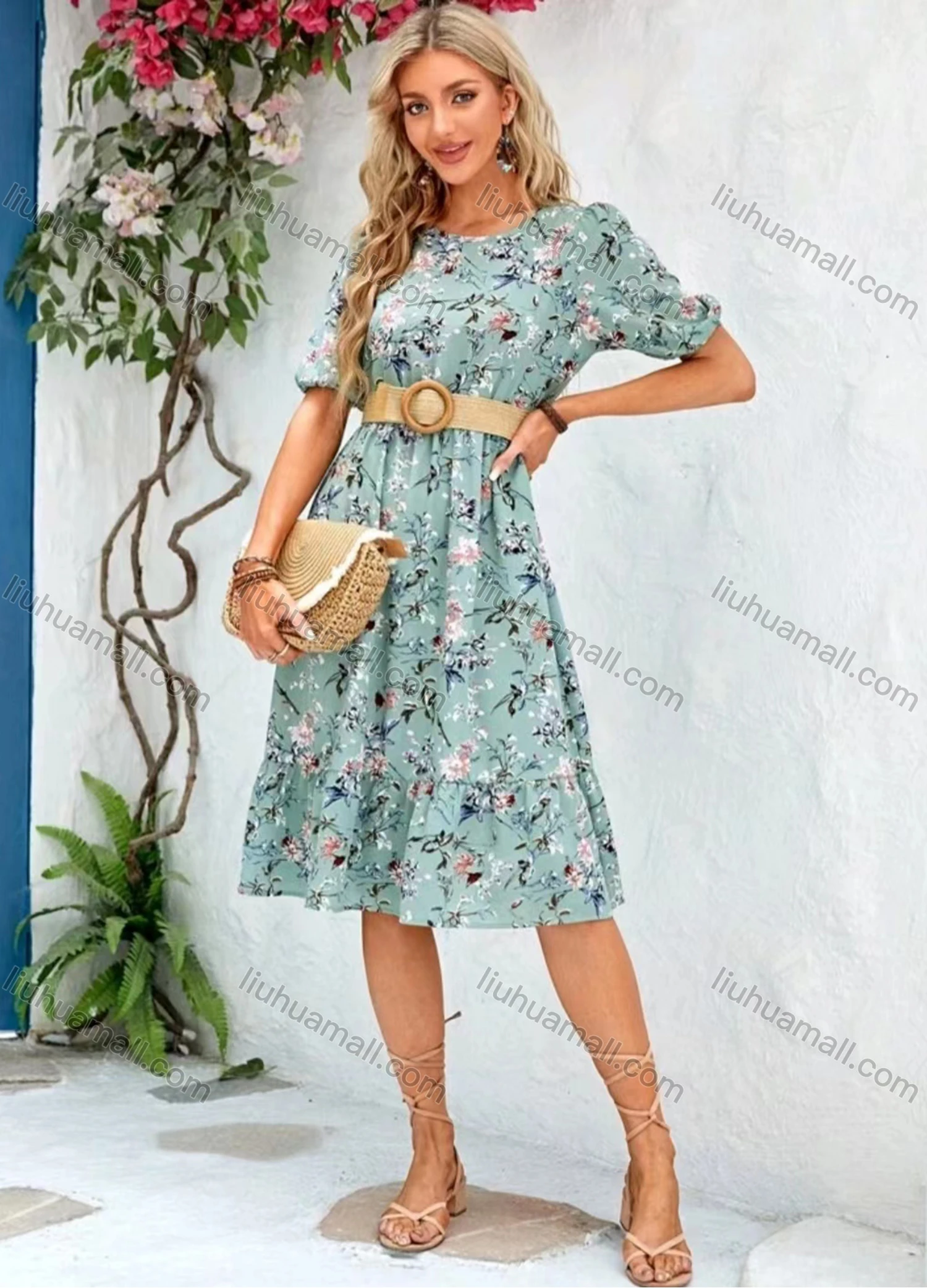 Wholesale Women's Casual Floral Print Round Neck Puff Sleeve Knee Length Dress With Belt - Liuhuamall
