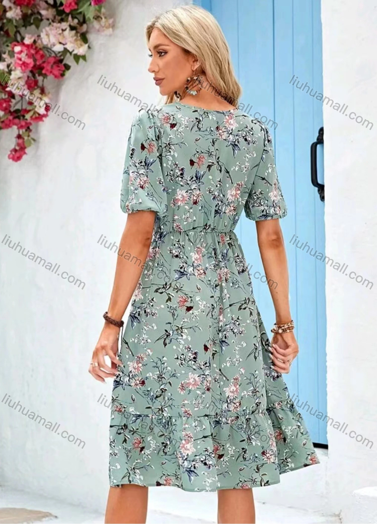 Wholesale Women's Casual Floral Print Round Neck Puff Sleeve Knee Length Dress With Belt - Liuhuamall