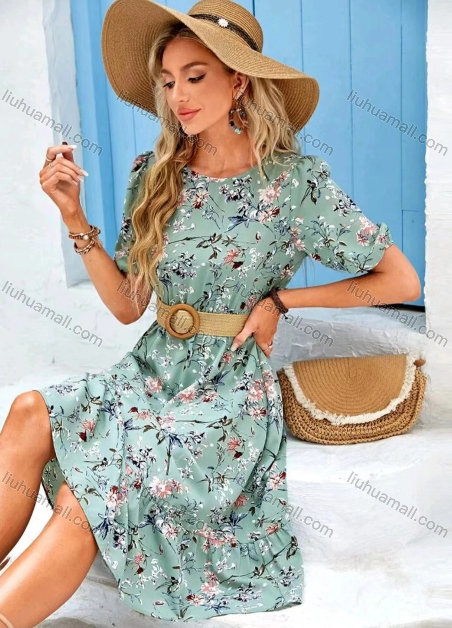 Wholesale Women's Casual Floral Print Round Neck Puff Sleeve Knee Length Dress With Belt - Liuhuamall