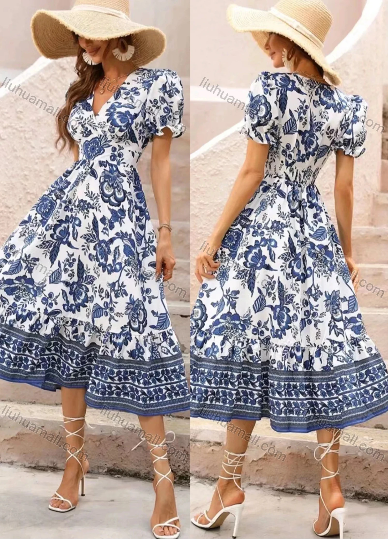 Wholesale Women's Casual Floral Print Wrap V Neck Puff Sleeve High Waist Ruffle Hem Midi Dress - Liuhuamall