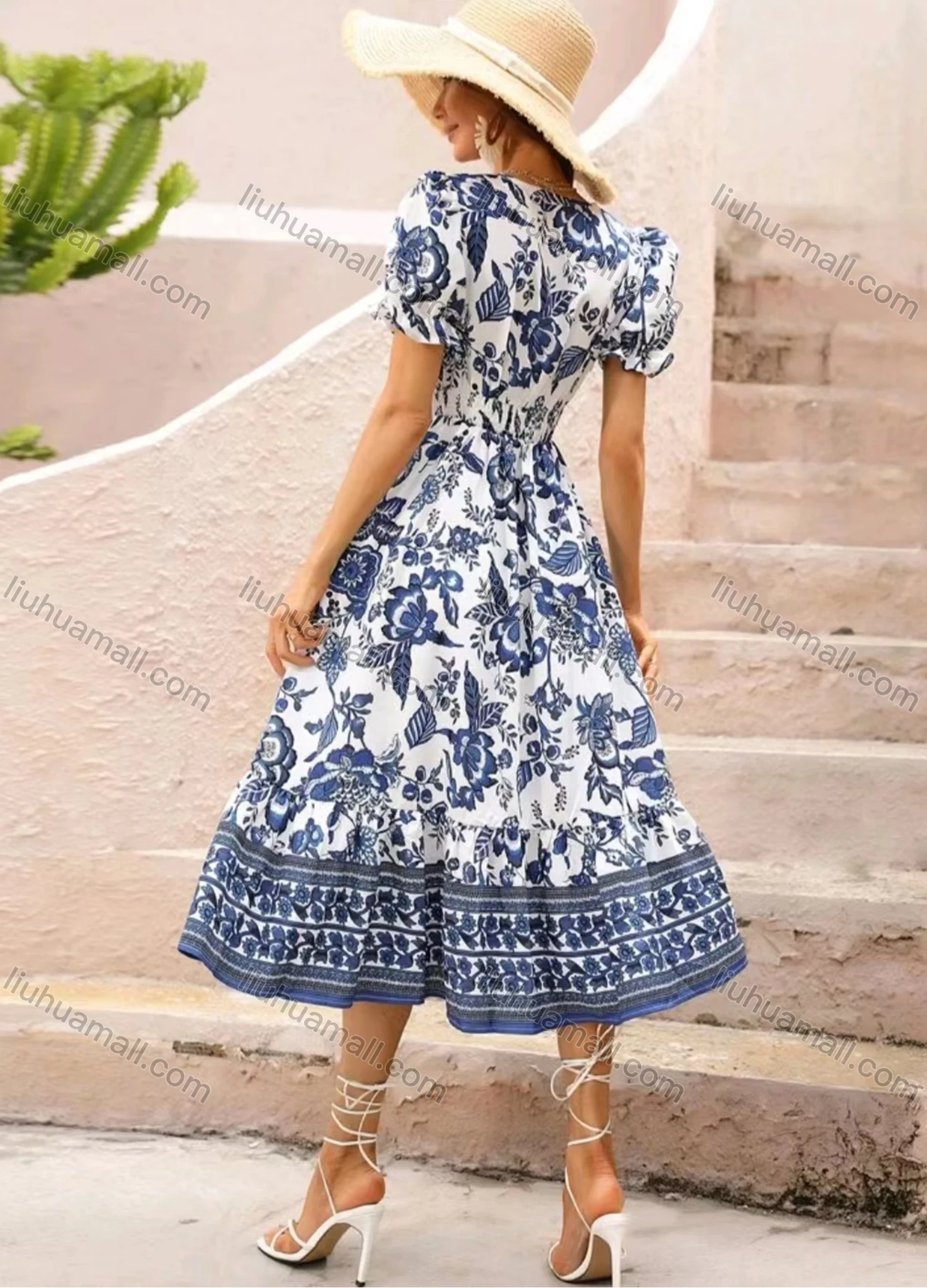 Wholesale Women's Casual Floral Print Wrap V Neck Puff Sleeve High Waist Ruffle Hem Midi Dress - Liuhuamall